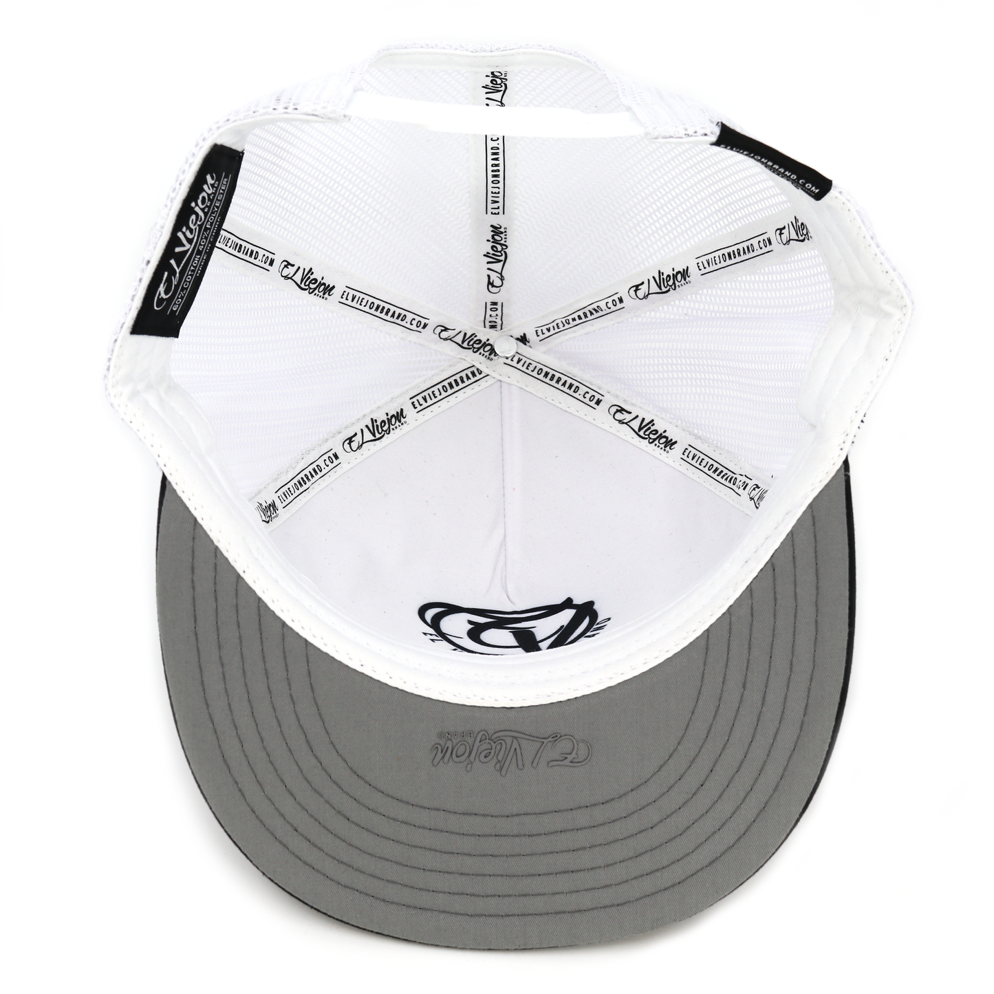 Nayarit Black/White flat visor hat with white mesh, black crown, and gray underside brim.