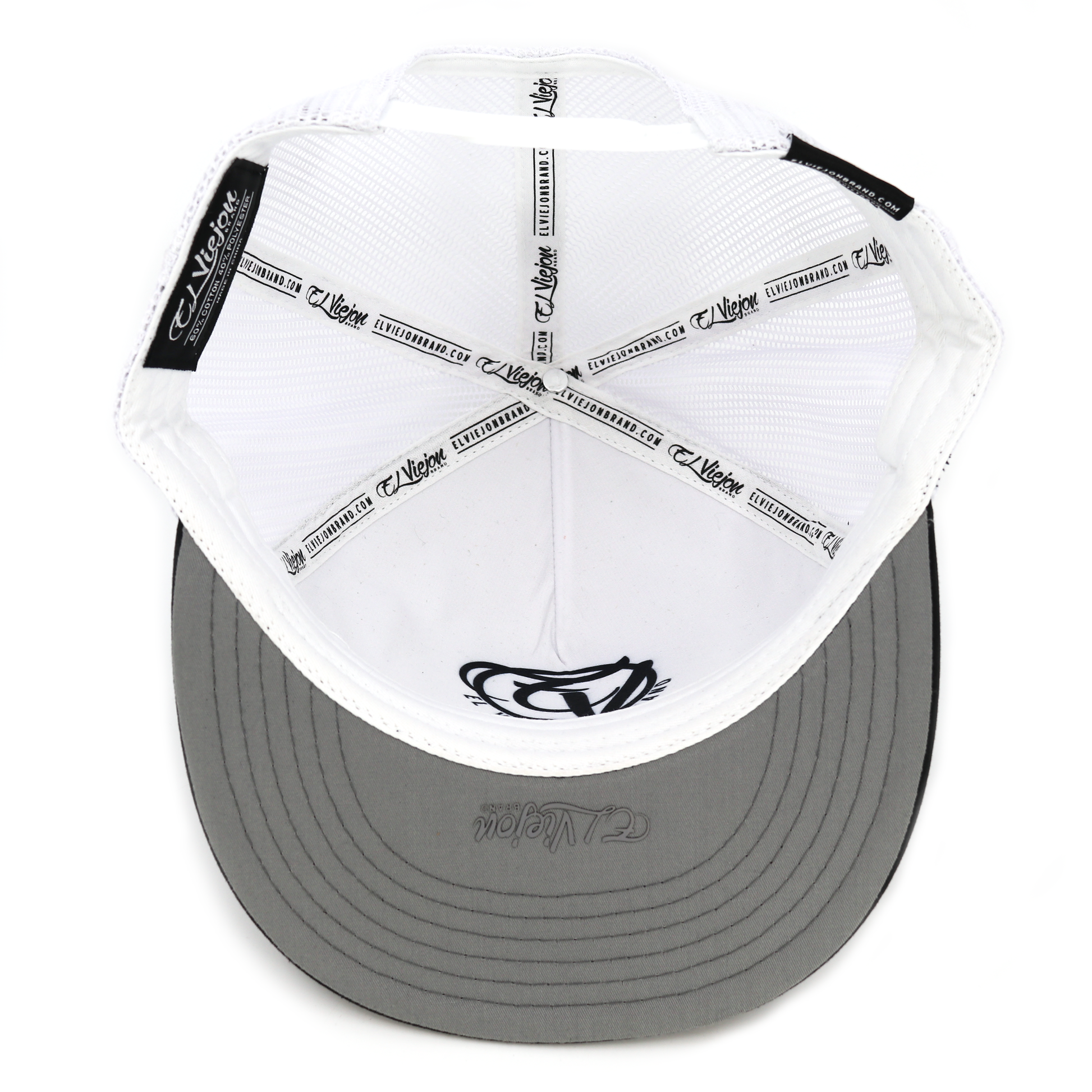 Nayarit Black/White flat visor hat with white mesh, black crown, and gray underside brim.
