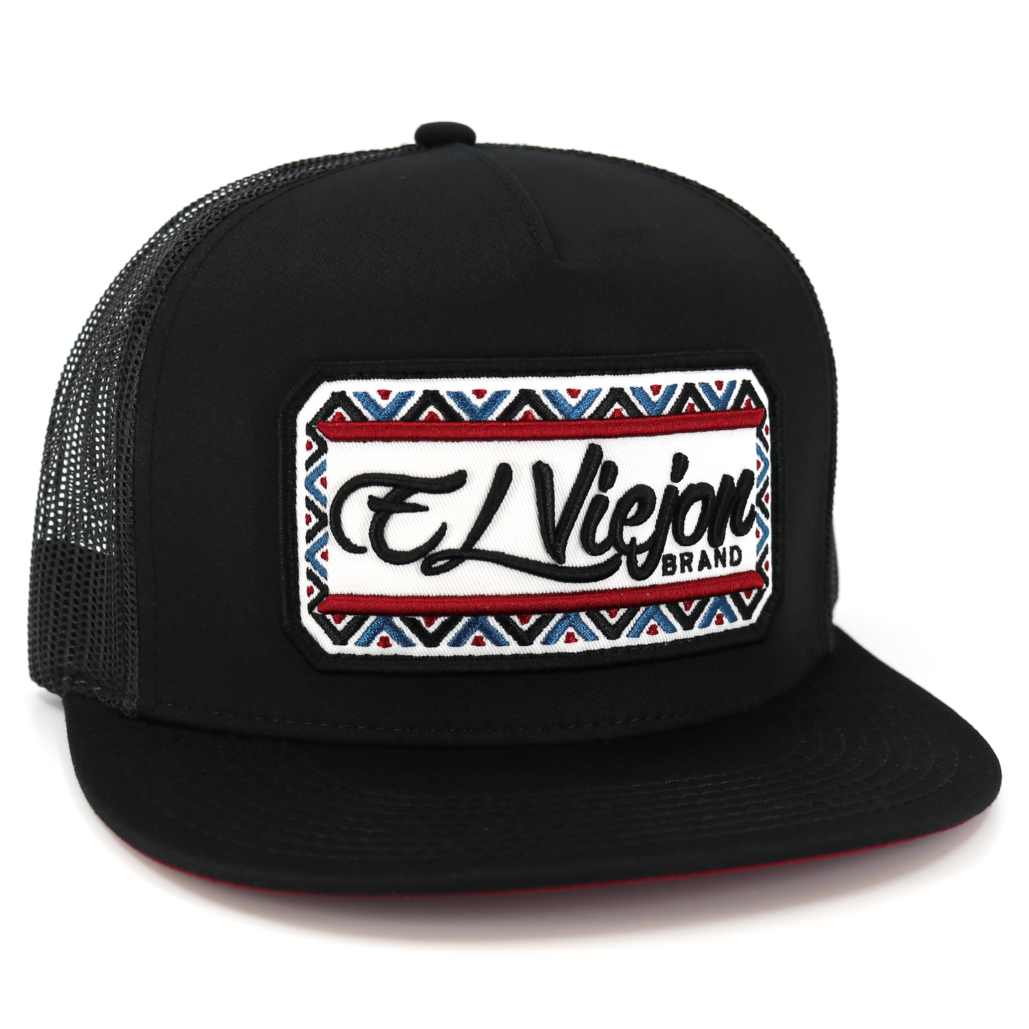 Nayarit Black flat visor hat with black mesh, high profile, and "El Viejon Brand" patch.