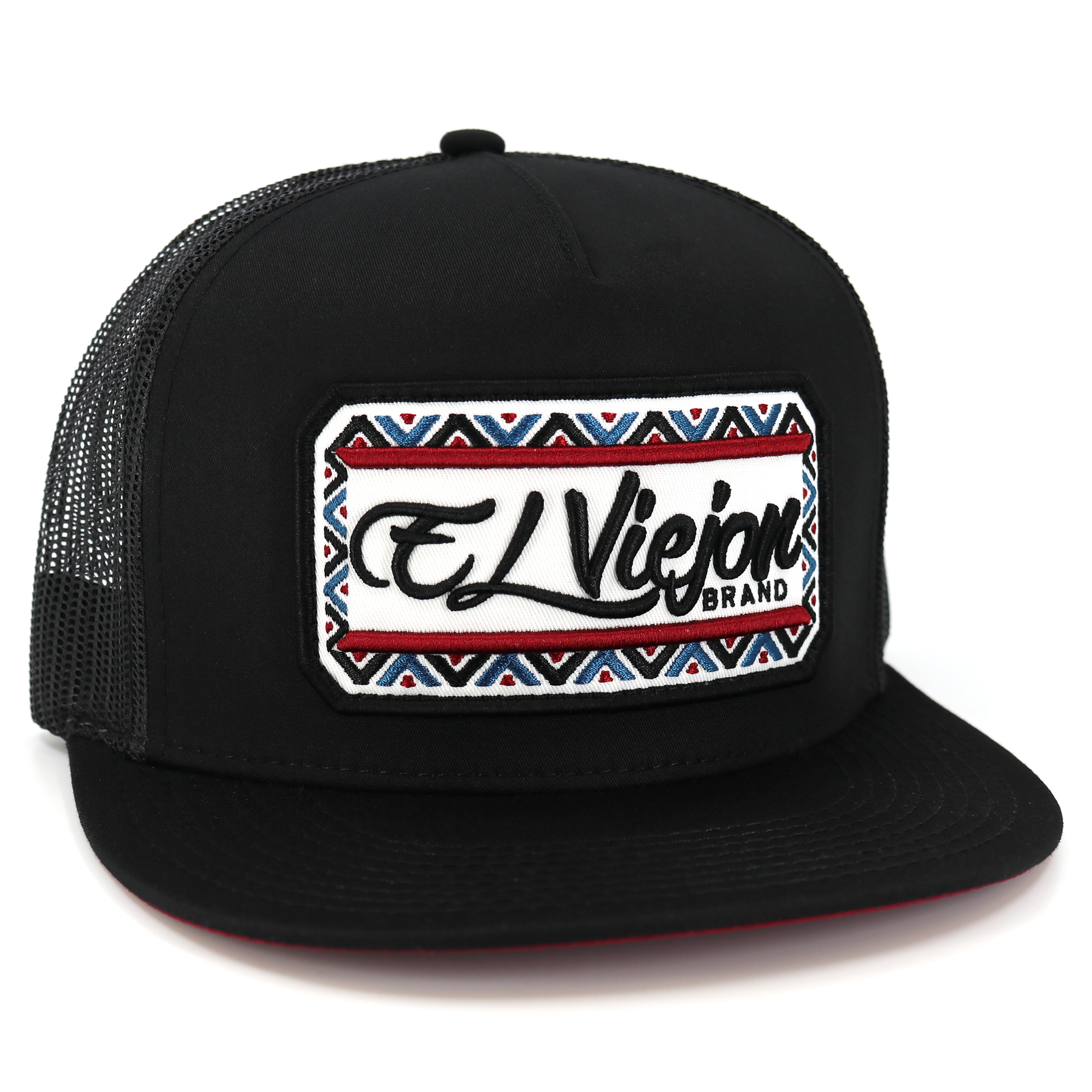 Nayarit Black flat visor hat with black mesh, high profile, and "El Viejon Brand" patch.