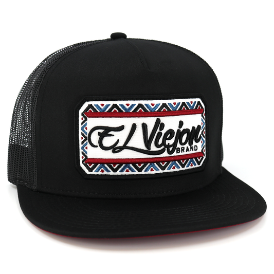 Nayarit Black flat visor hat with black mesh, high profile, and "El Viejon Brand" patch.