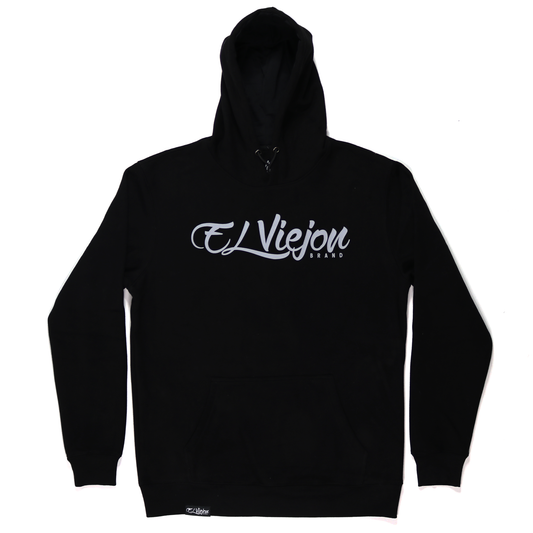 Black cotton/poly fleece hoodie with "El Viejon Brand" screen-printed in light gray script on the front.