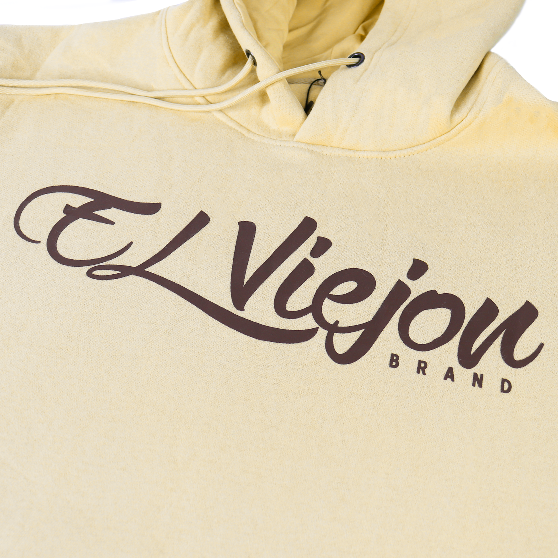 Origen sand cotton/poly fleece hoodie with "El Viejon Brand" screen-printed logo and drawstrings.