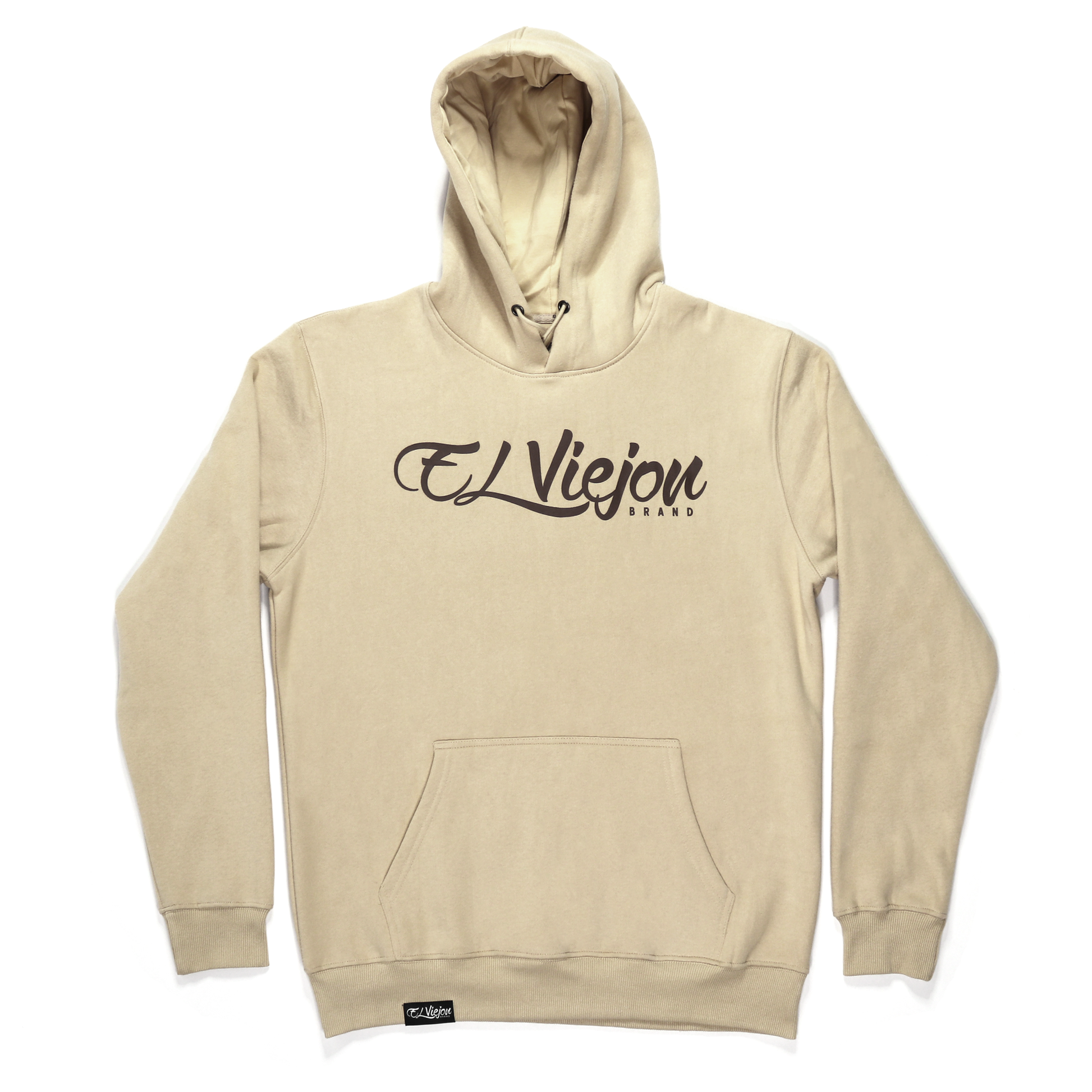 Origen sand cotton/poly fleece hoodie with "El Viejou Brand" screen-printed logo and front pocket.