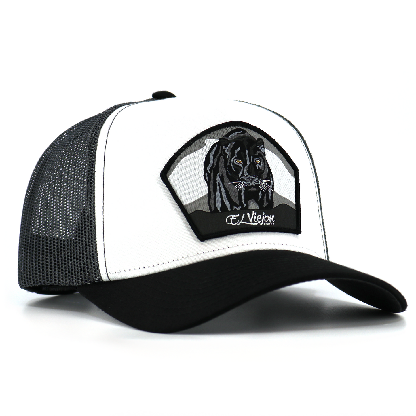Pantera Negra Black/White/Charcoal AVC hat with black panther patch, mesh back, and pre-curved visor.