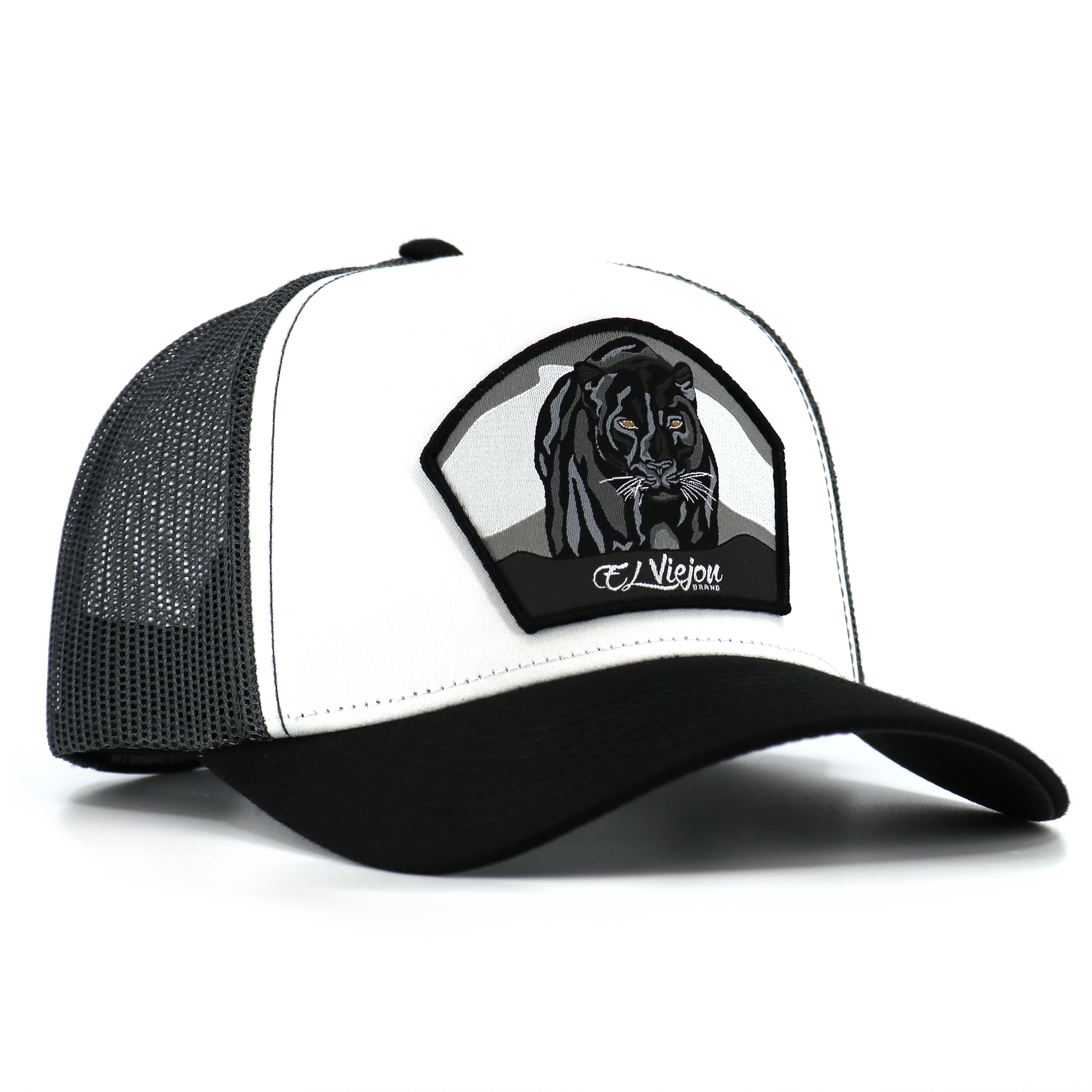 Pantera Negra Black/White/Charcoal AVC hat with black panther patch, mesh back, and pre-curved visor.