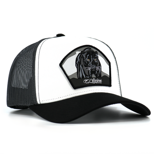 Pantera Negra Black/White/Charcoal AVC hat with black panther patch, mesh back, and pre-curved visor.