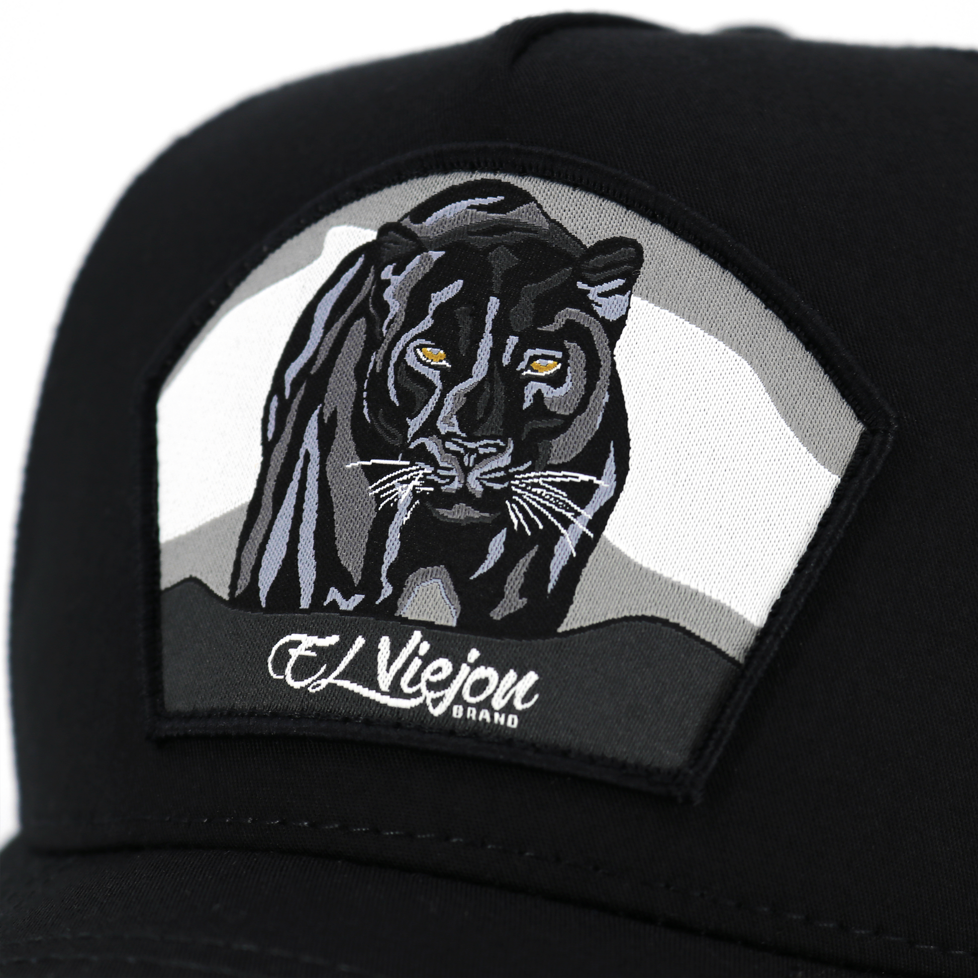Pantera Negra Black AVC hat with embroidered black panther patch and "El Viejon Brand" logo.