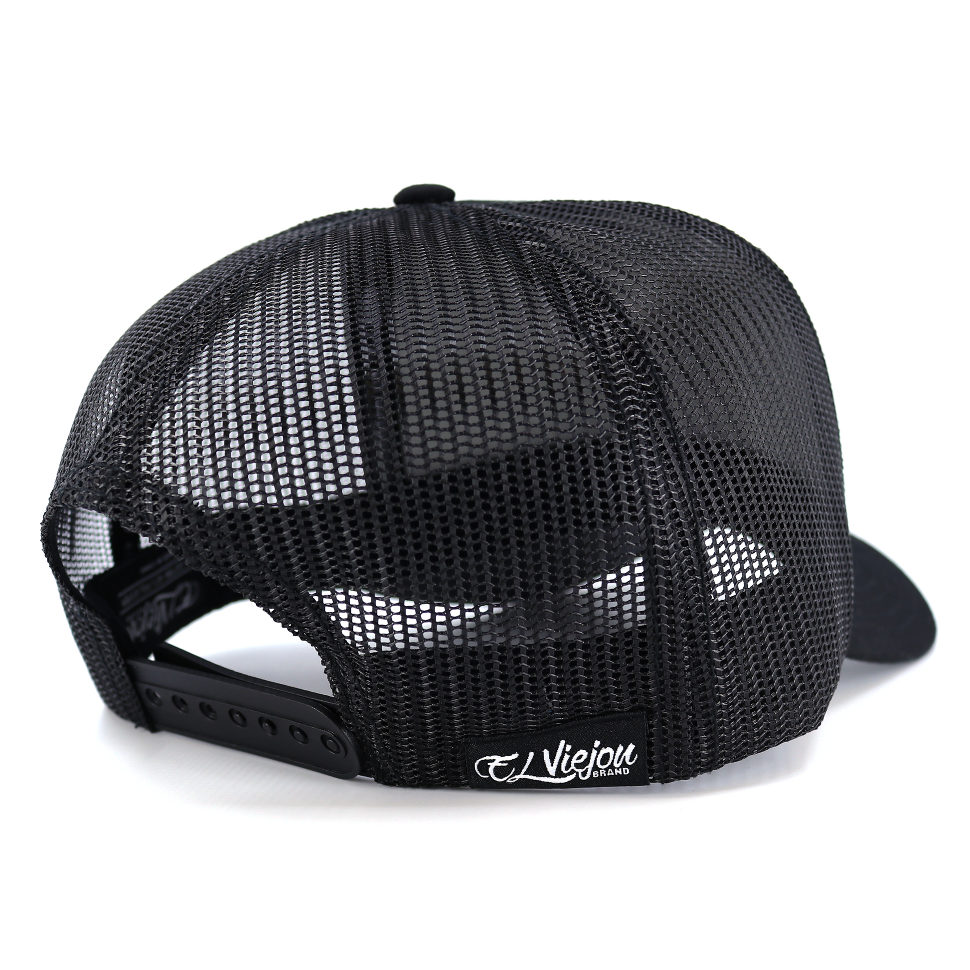 Pantera Negra Black AVC hat with black mesh back, adjustable snapback, and "Viejo Brand" logo.