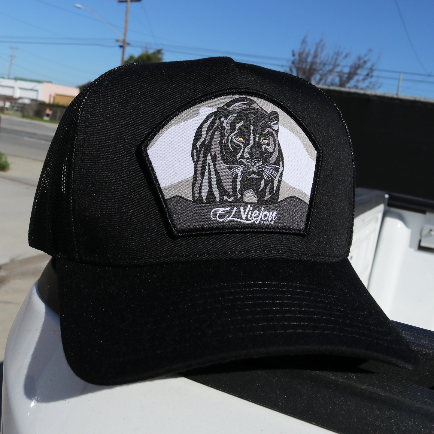 Gorra Pantera Negra AVC negra con malla, parche de pantera y logo "El Viejon".