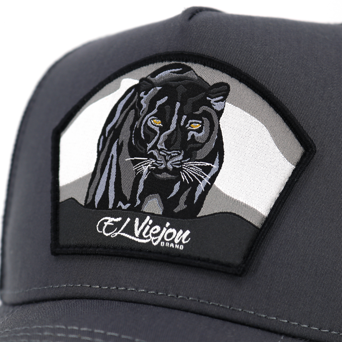 Charcoal/black AVC hat with embroidered black panther patch and "El Viejon Brand" text.