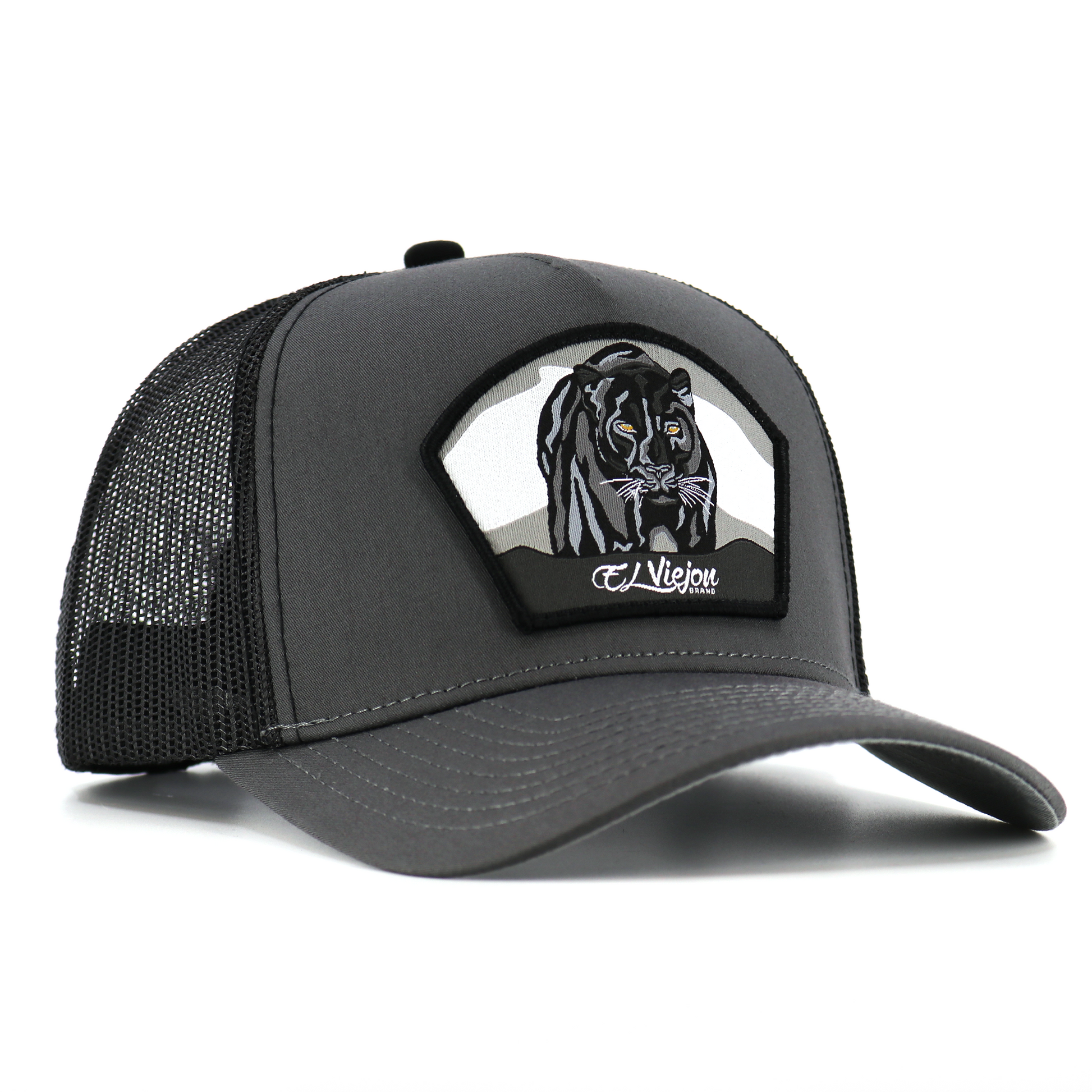 Pantera Negra charcoal/black AVC hat with black panther patch, mesh back, and snapback closure.