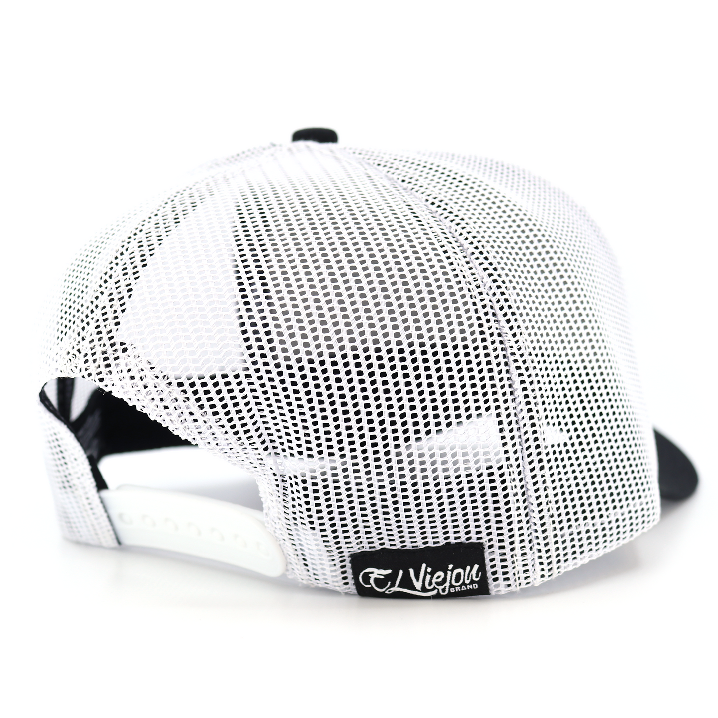 Black and white mesh snapback hat with "Viejo Brand" logo, adjustable OSFM.