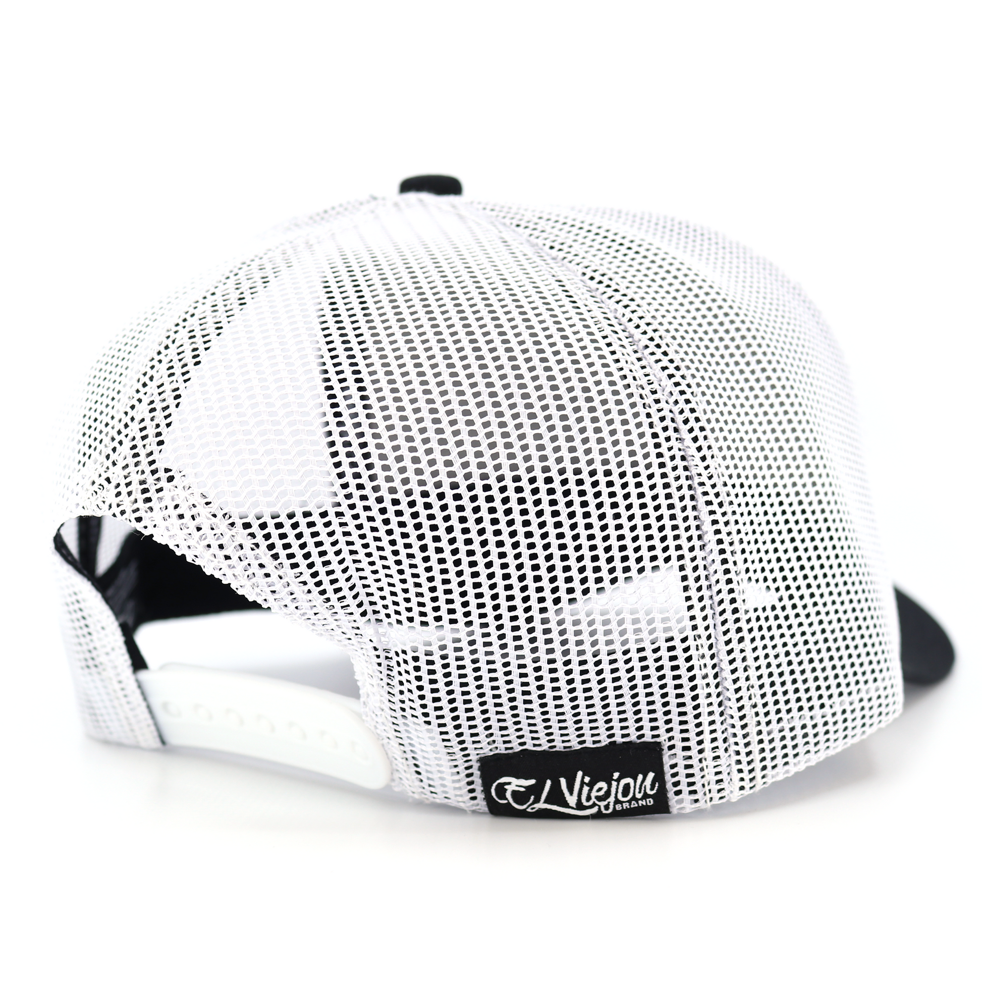 Black and white mesh snapback hat with "Viejo Brand" logo, adjustable OSFM.