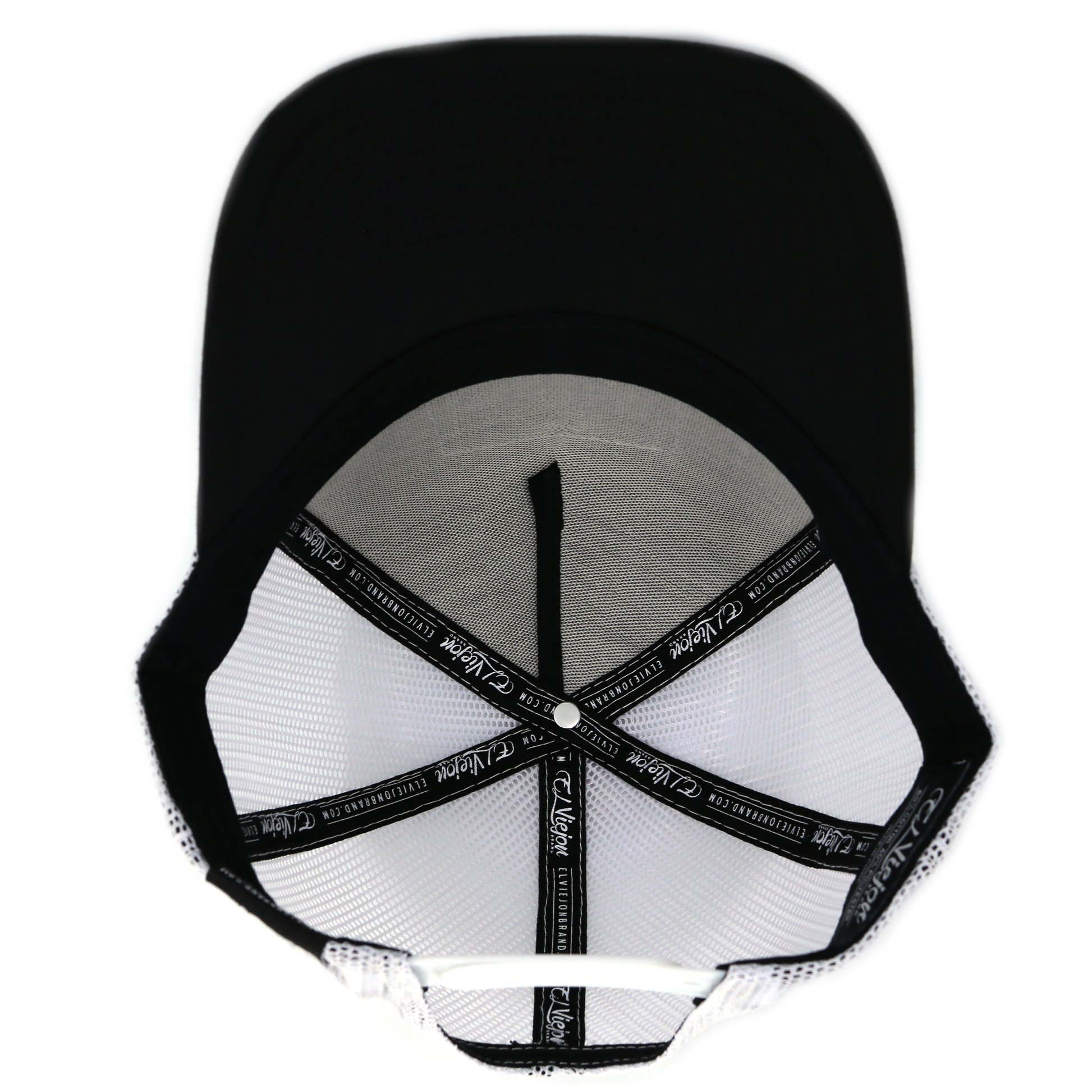Perico Black/White AVC hat, high profile 5-panel trucker with pre-curved visor and adjustable snapback.