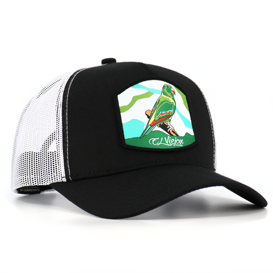 Perico Black/White AVC hat with green parrot patch, high profile, pre-curved visor, and adjustable snapback.