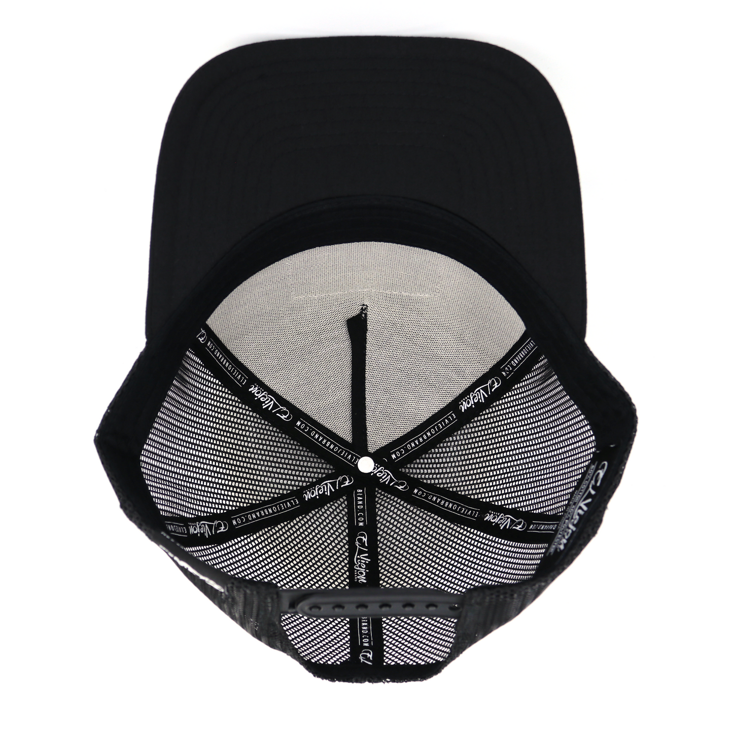 Halcon Black AVC hat, high profile, 5-panel, pre-curved visor, black mesh, adjustable snapback.