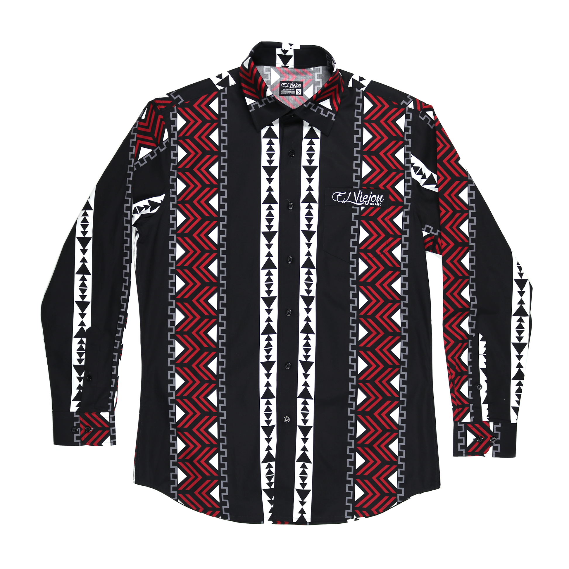 Black 100% cotton dress shirt with red, white, and gray geometric patterns, straight collar, and "El Viejon Brand" logo.