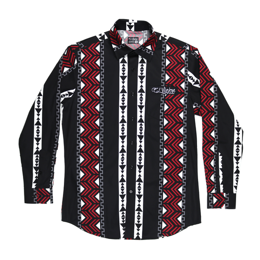 Black 100% cotton dress shirt with red, white, and gray geometric patterns, straight collar, and "El Viejon Brand" logo.