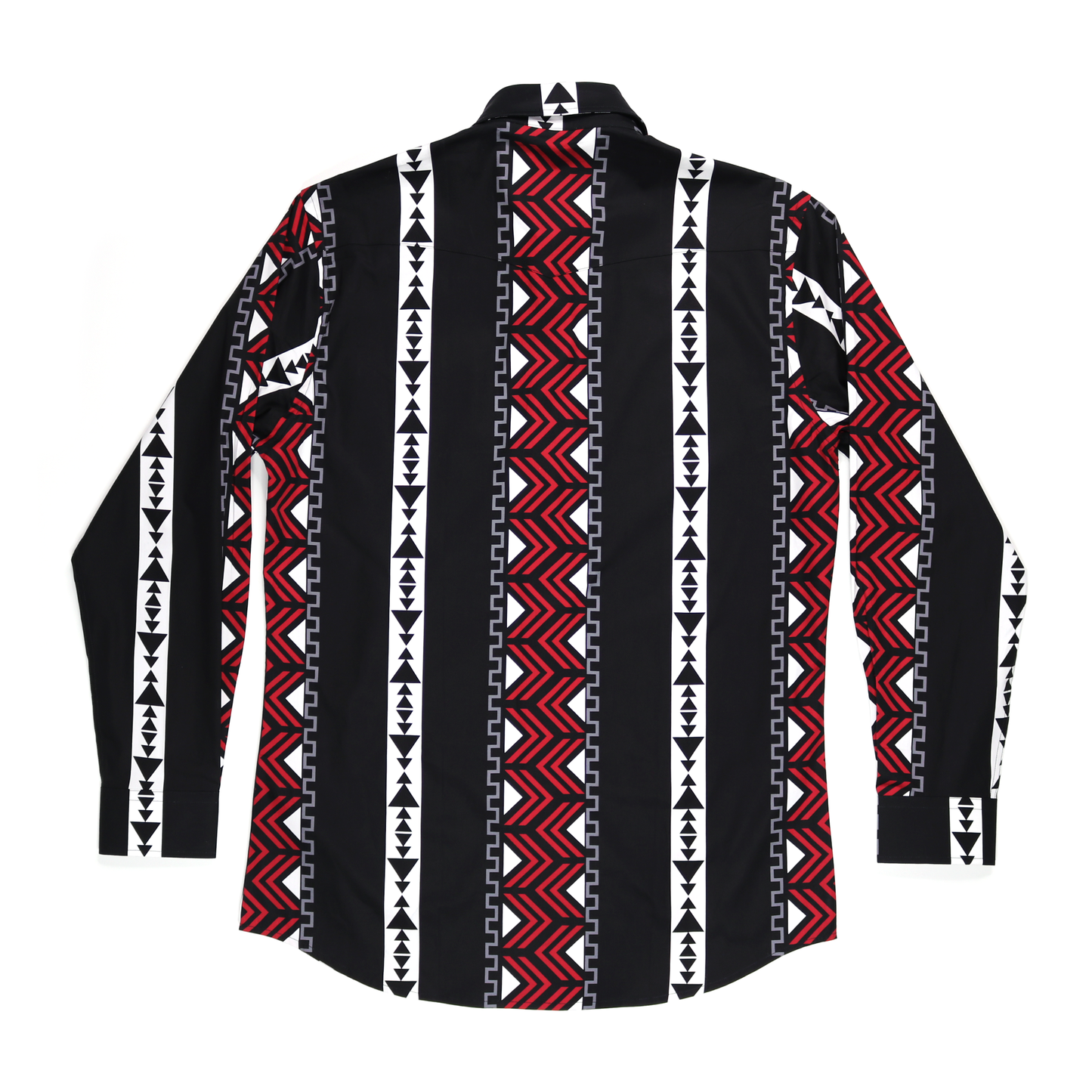Black cotton dress shirt with red, white, and gray geometric tribal pattern, long sleeves, and straight collar.