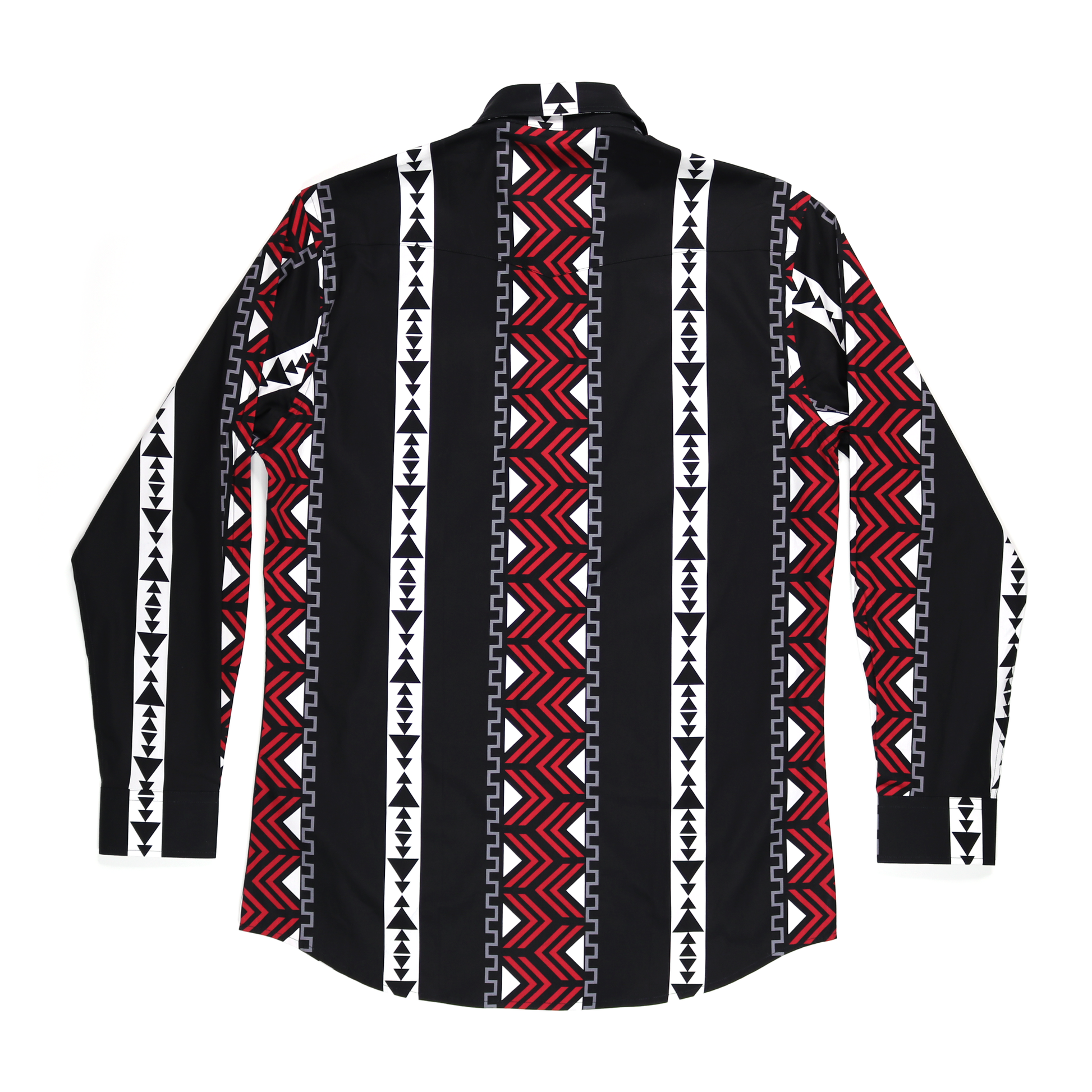 Black cotton dress shirt with red, white, and gray geometric tribal pattern, long sleeves, and straight collar.