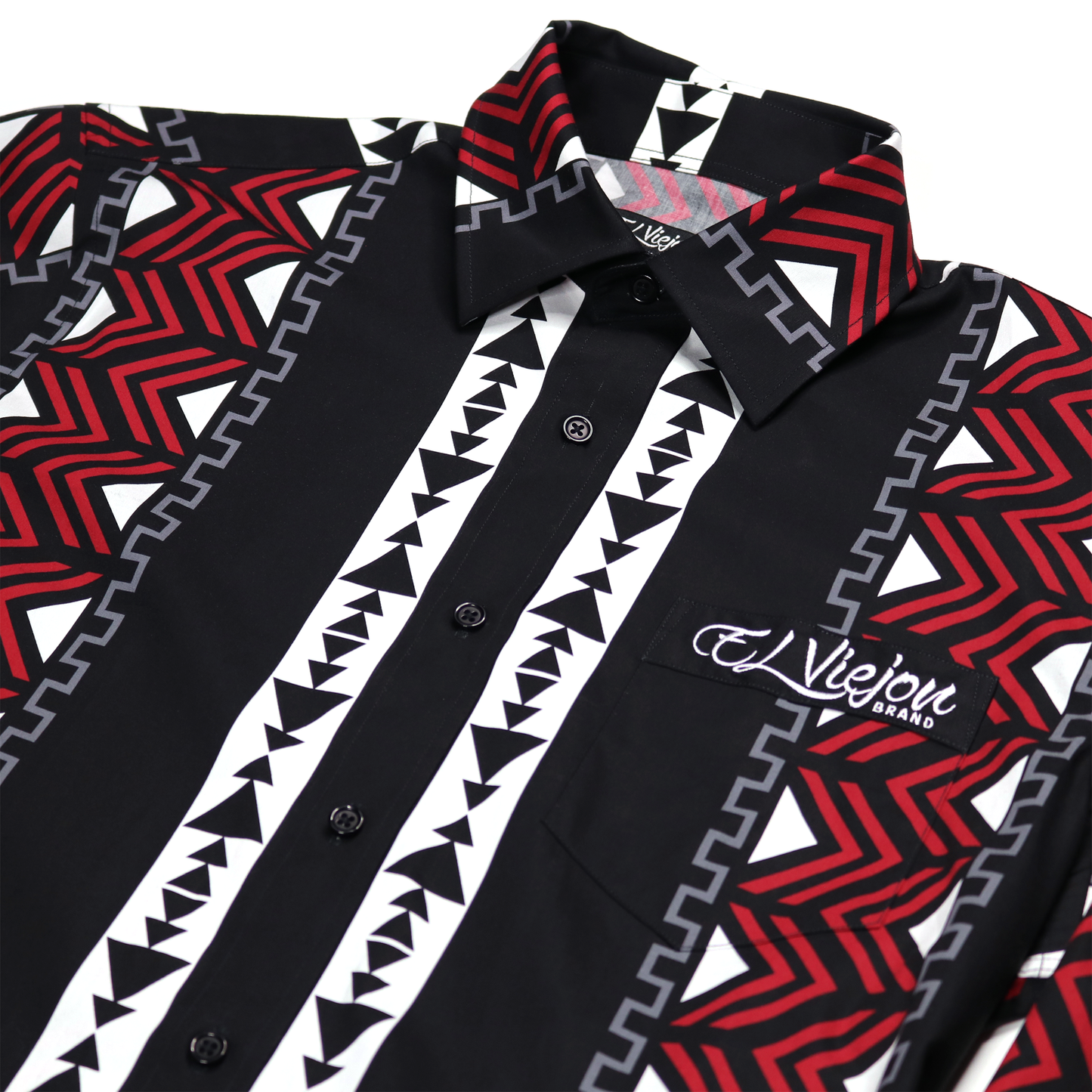 Phoenix Black 100% cotton dress shirt with red, white, and gray tribal patterns, straight collar, and "El Viejon Brand" logo.