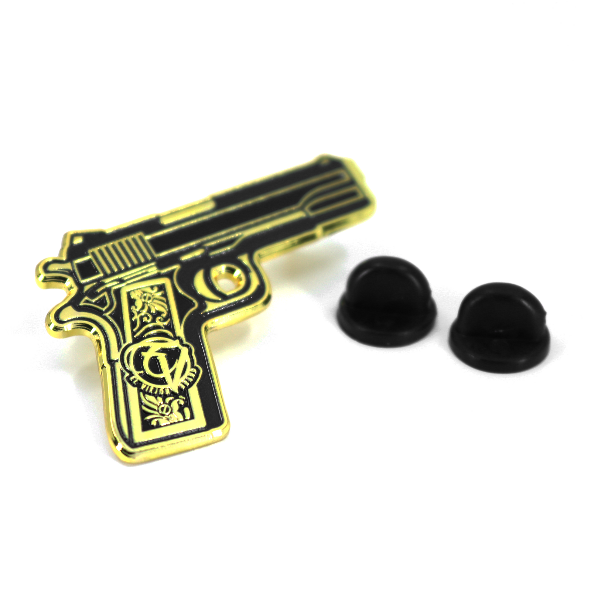 Pin de pistola dorada con detalles negros y dos clutches de goma.