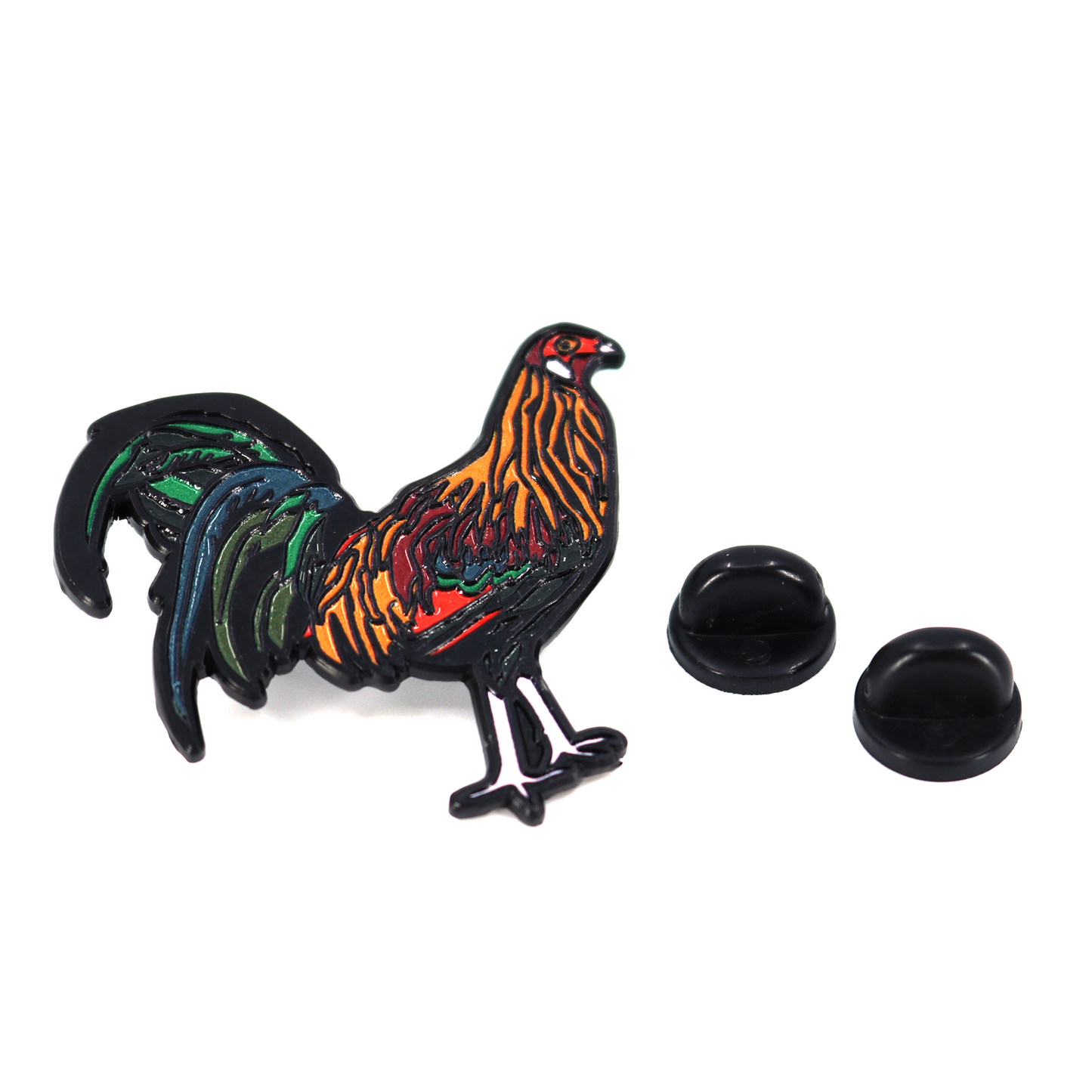 Gallo Colorado enamel pin with vibrant red, orange, green, and black details, shown with two rubber clutches.
