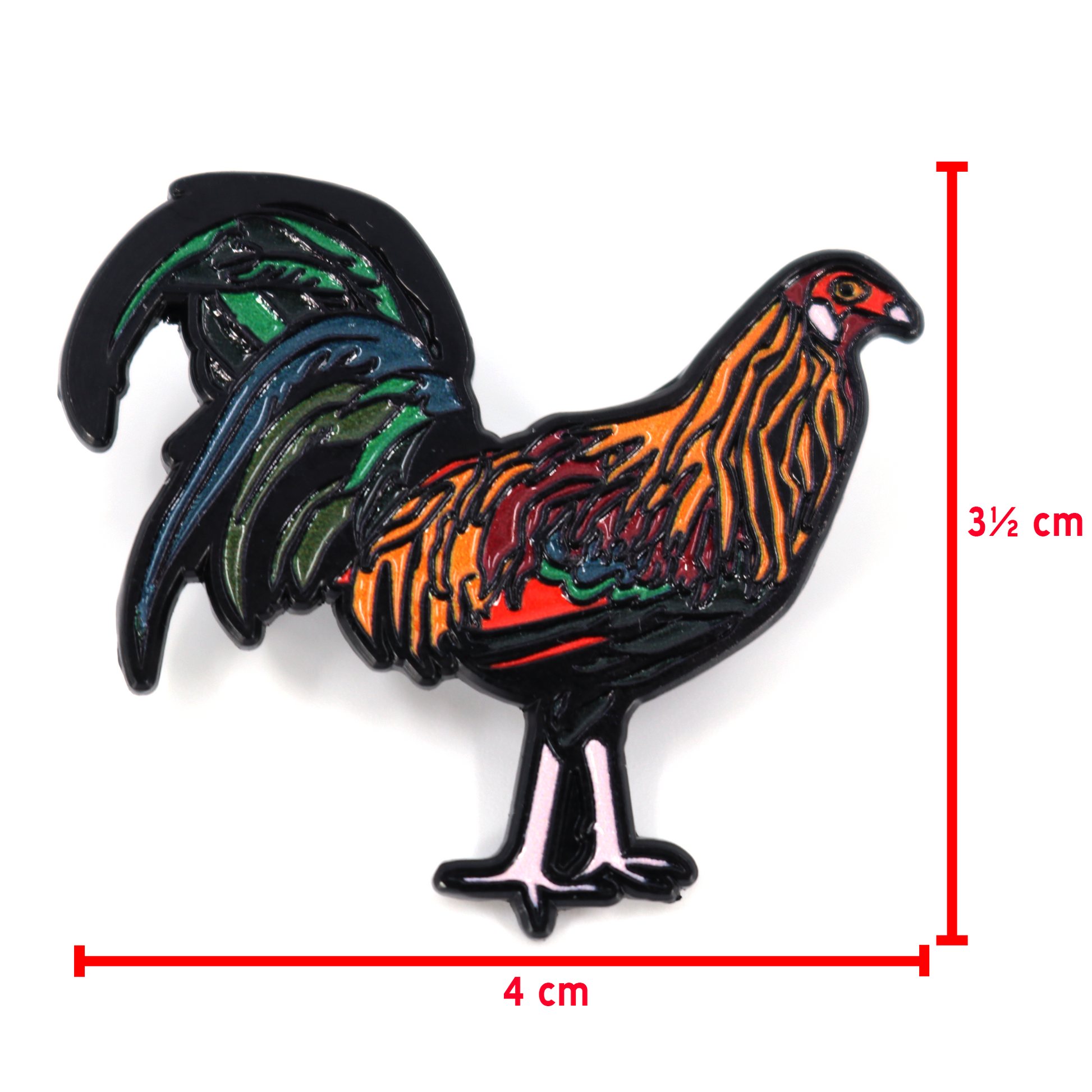 Gallo Colorado enamel pin, 4 cm wide, 3.5 cm tall, with vibrant red, orange, green, and black colors.