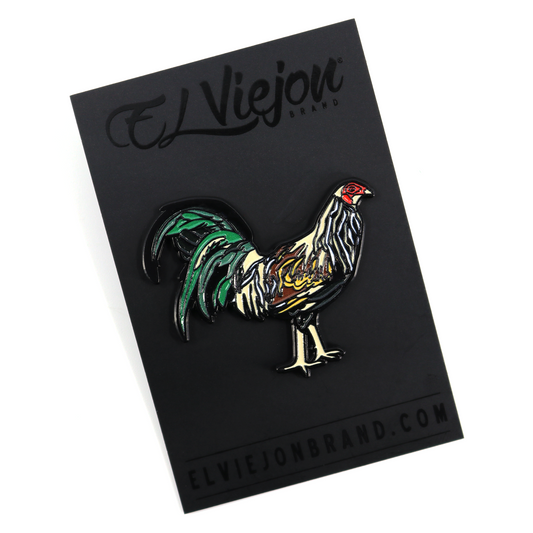 Gallo Giro enamel pin with colorful rooster design, black outline, and rubber clutch.