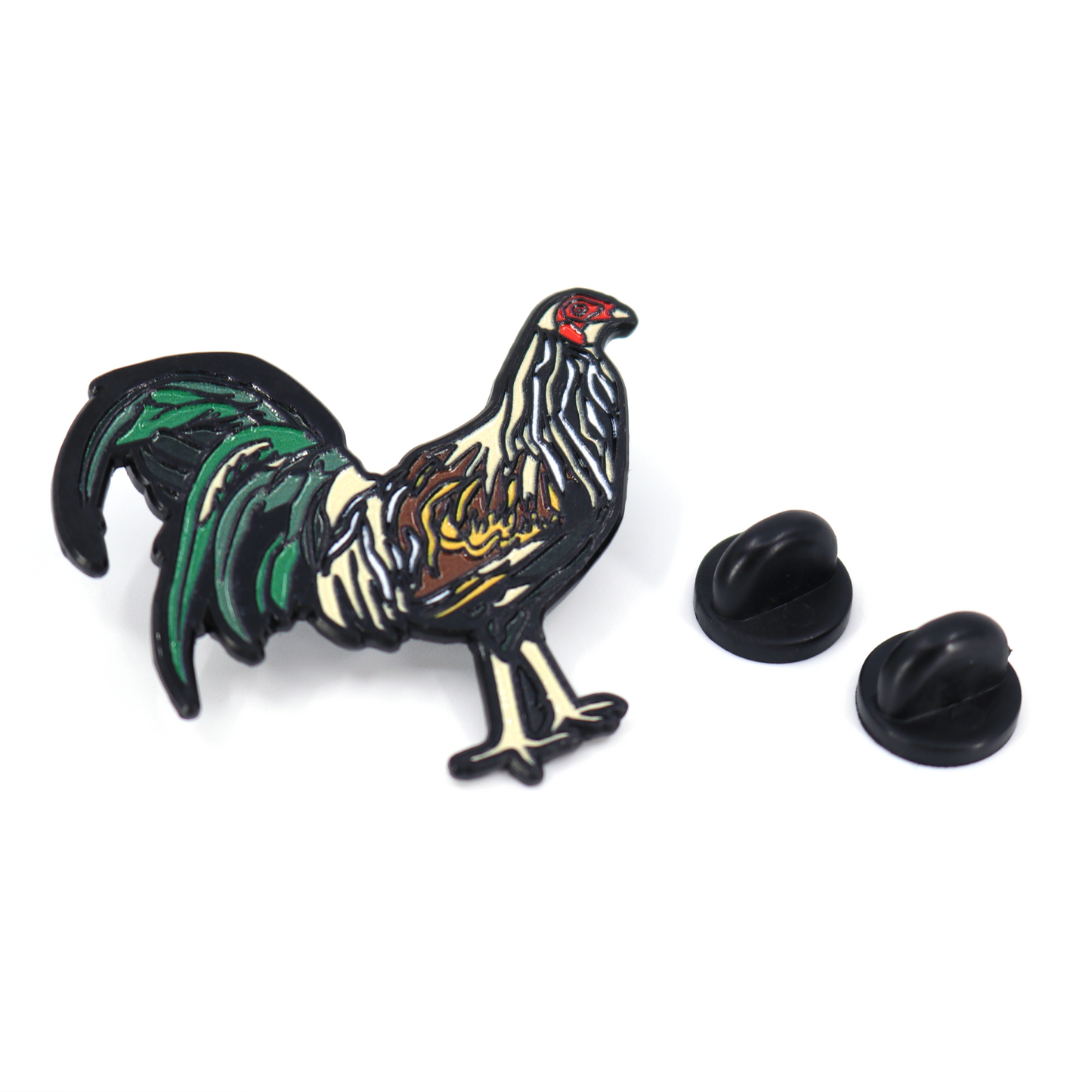 Gallo Giro enamel pin with black, green, white, and brown details, shown with two rubber clutches.
