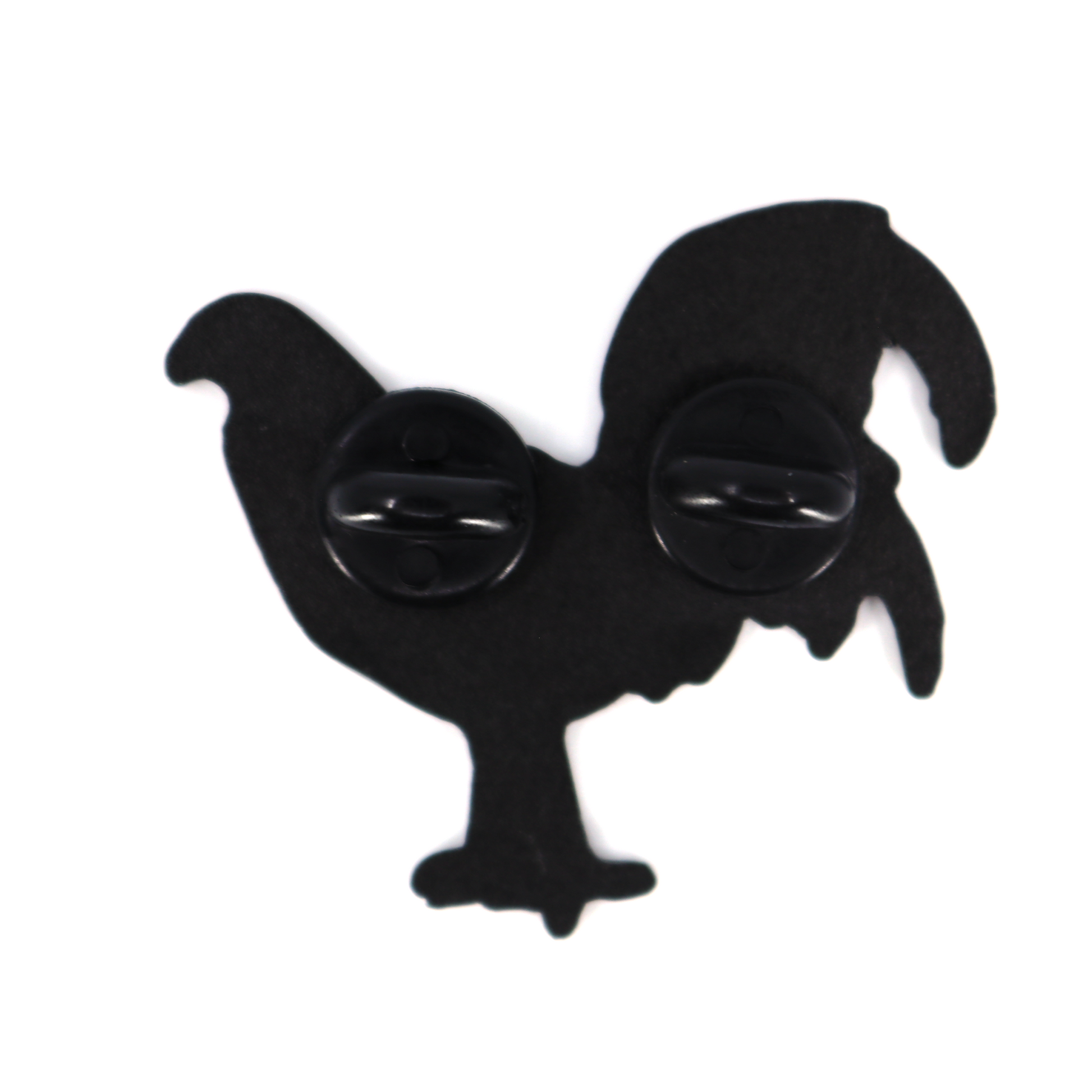 Black metal Gallo Giro pin, rooster silhouette, with two rubber clutch attachments on the back.