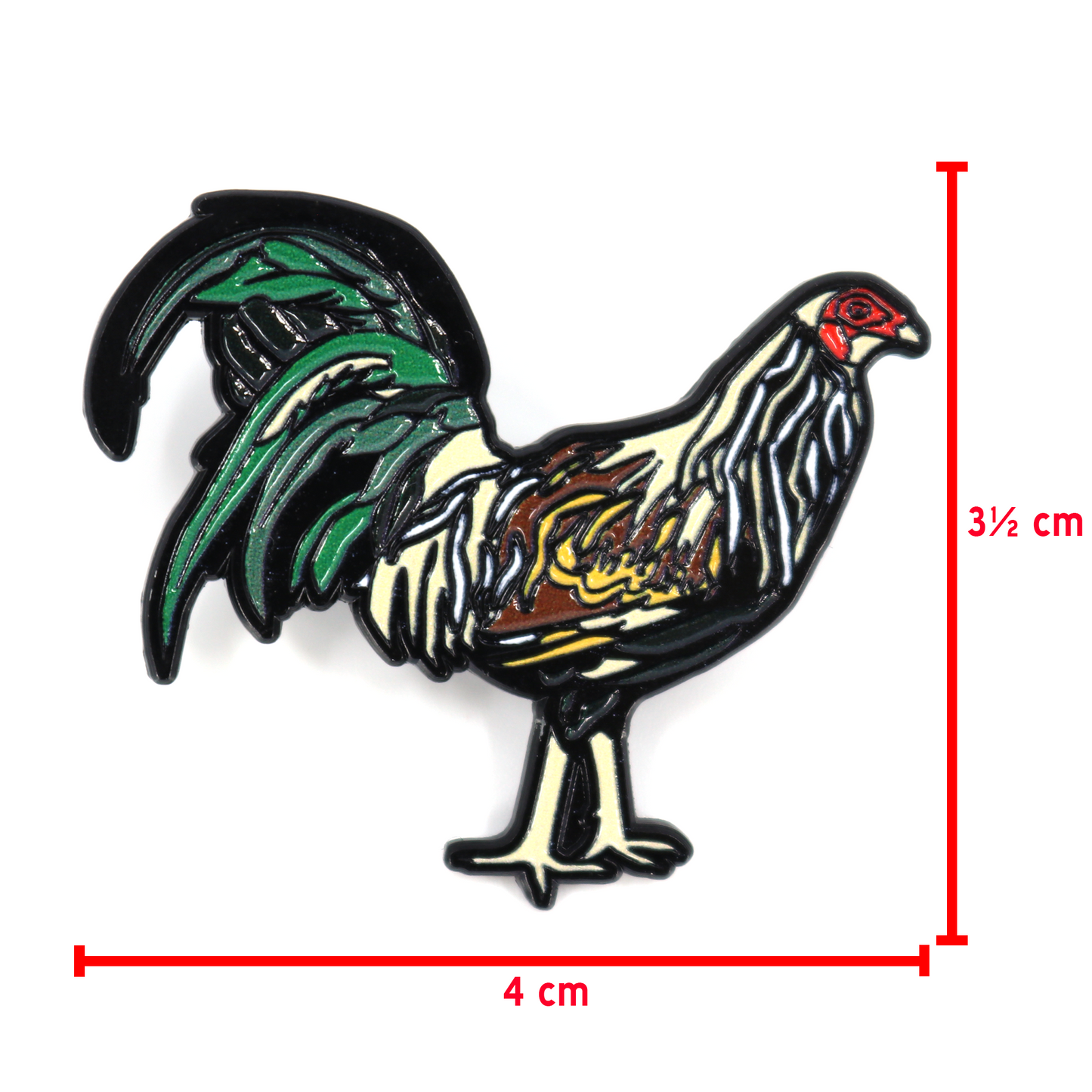 Gallo Giro enamel pin, black, white, green, and brown, 4cm wide, 3.5cm tall.