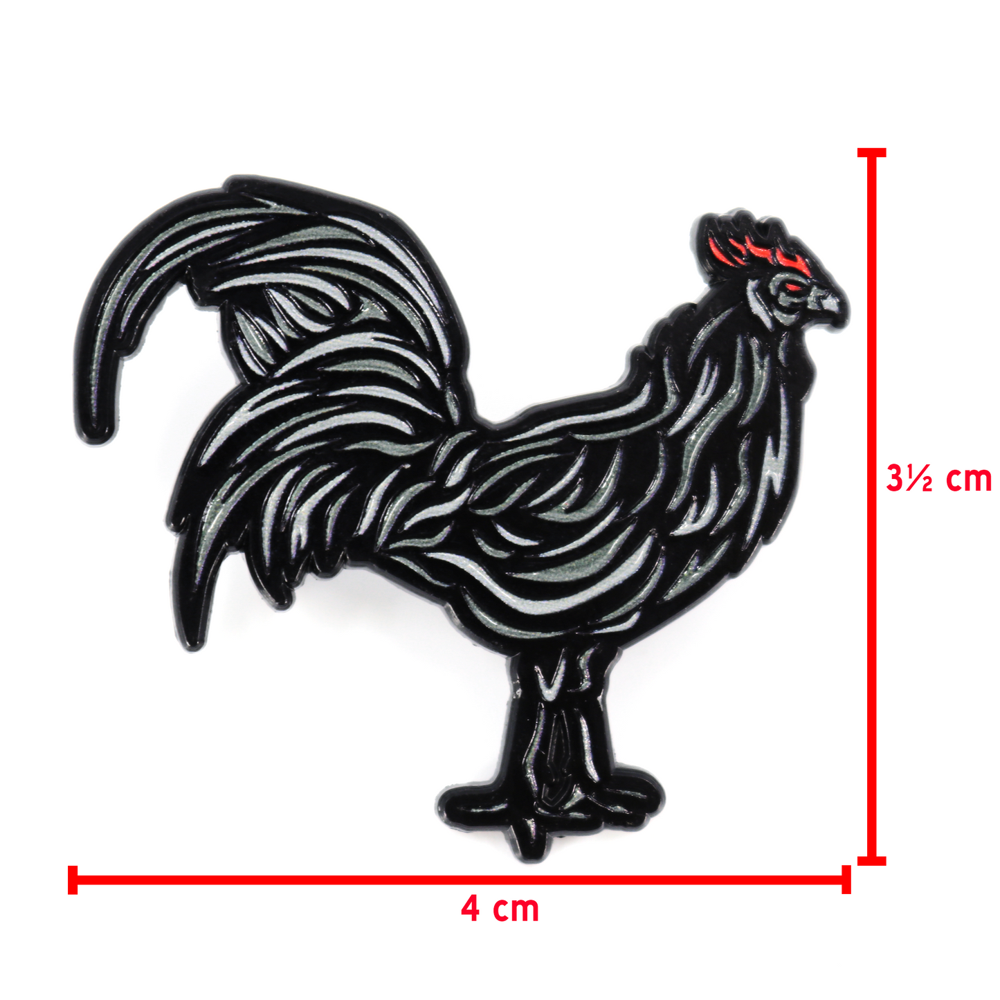 Black enamel rooster pin with red comb and wattle, 4 cm wide by 3.5 cm tall.