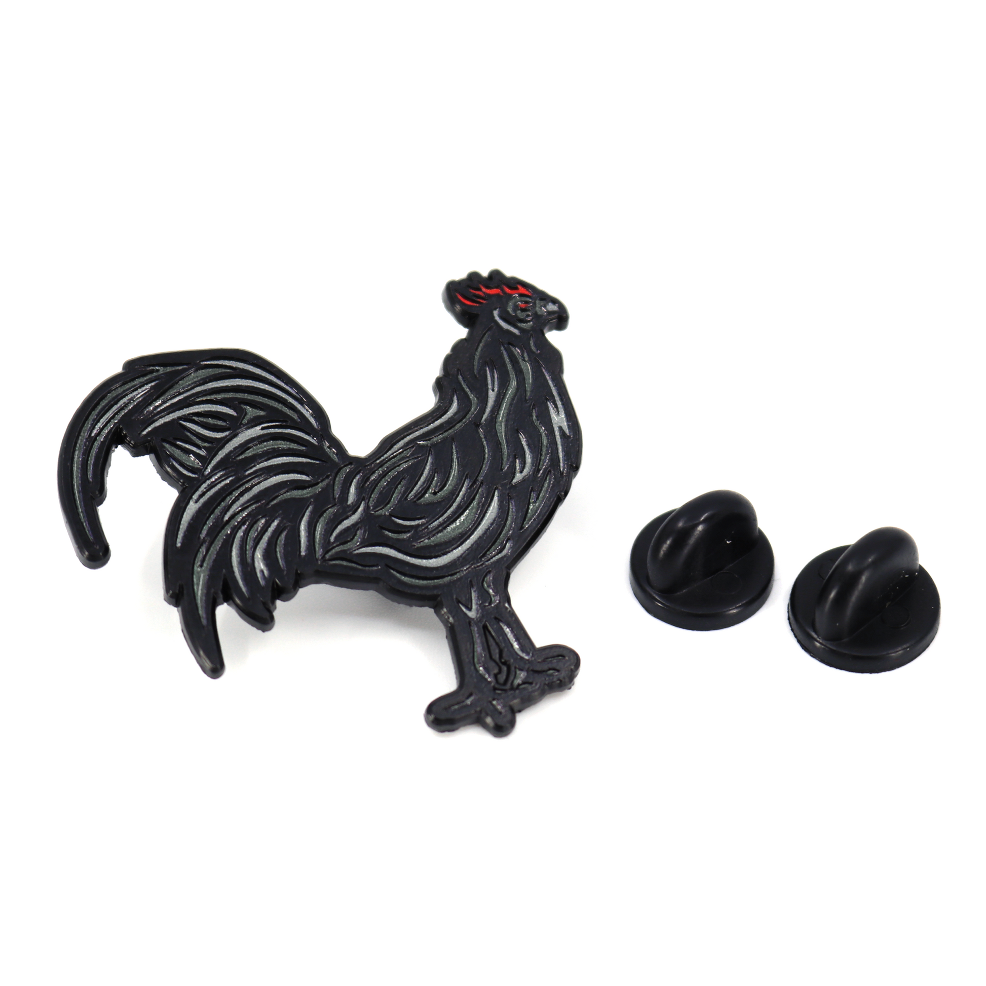 Black enamel rooster pin with red comb and two rubber clutches.