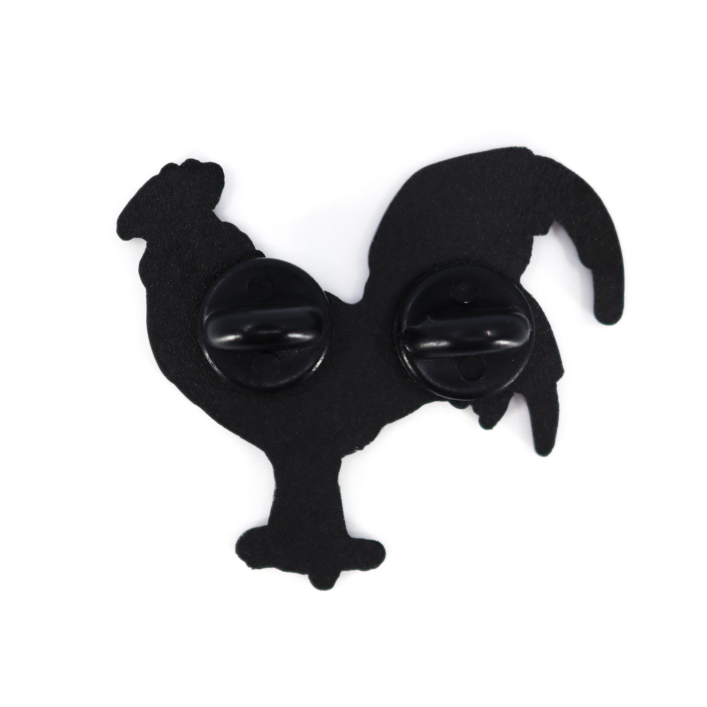 Black metal Gallo Negro rooster pin with two rubber clutch attachments on the back.