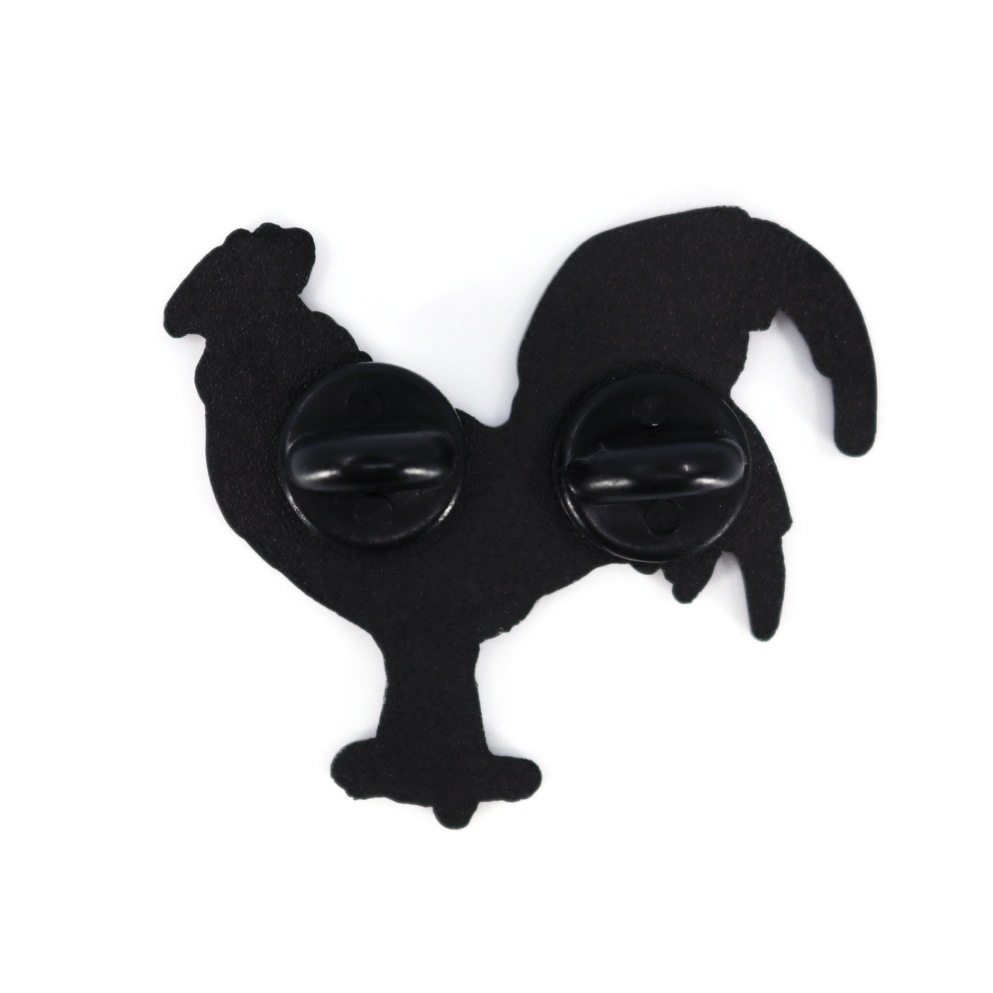 Black metal Gallo Negro rooster pin with two rubber clutch attachments on the back.