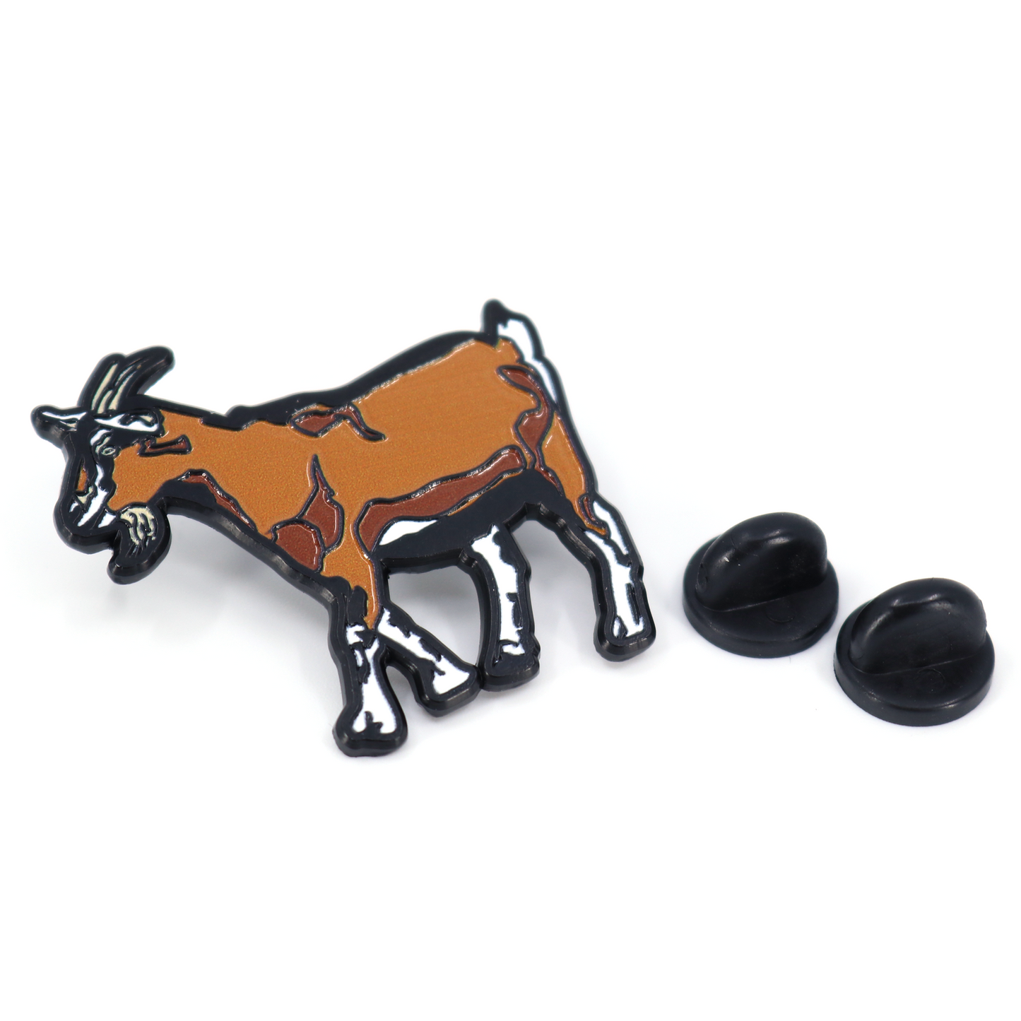 Chivo pin, brown and black enamel goat design with two black rubber clutches.