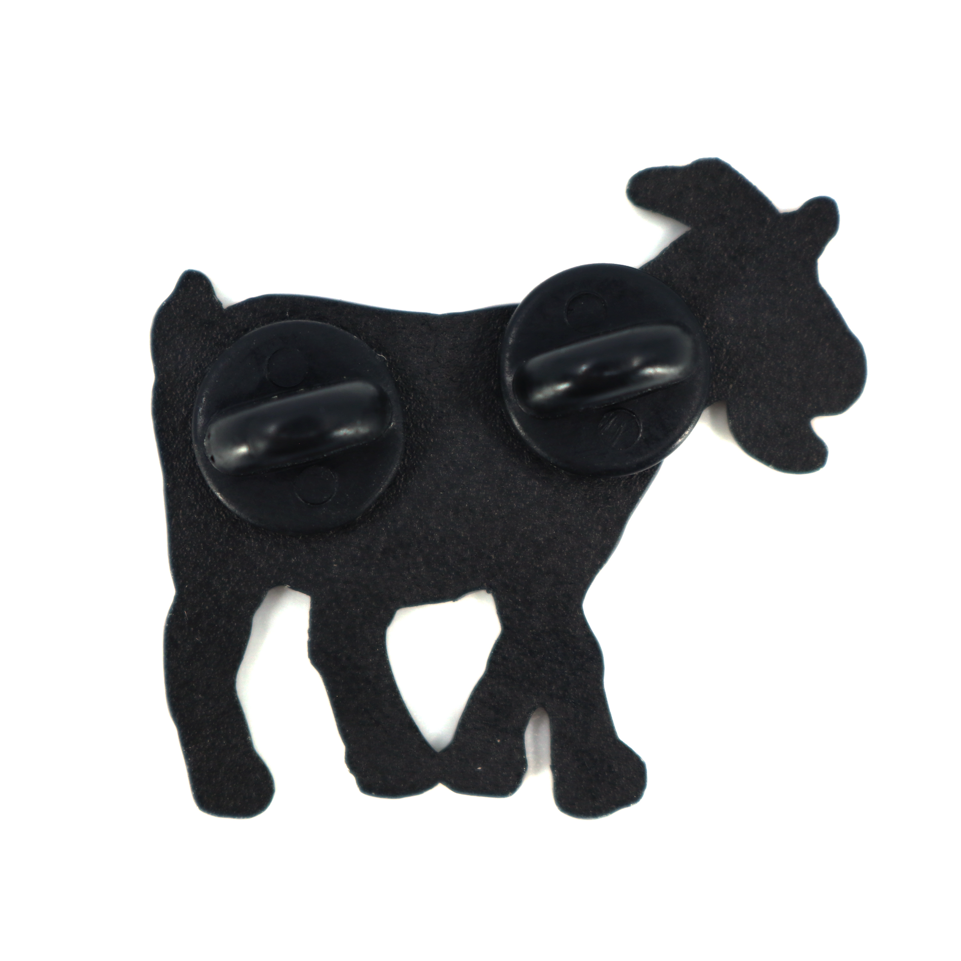 Black metal Chivo pin back with two rubber clutch attachments.