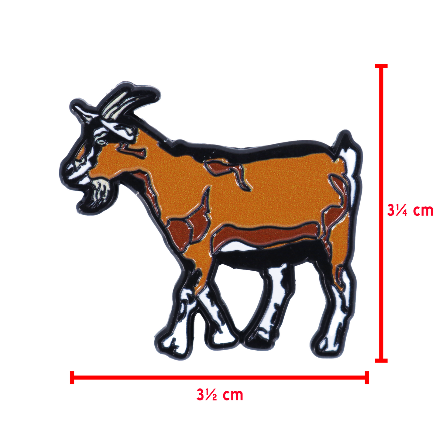 Brown and black enamel Chivo goat pin, 3½ cm wide by 3¼ cm tall.