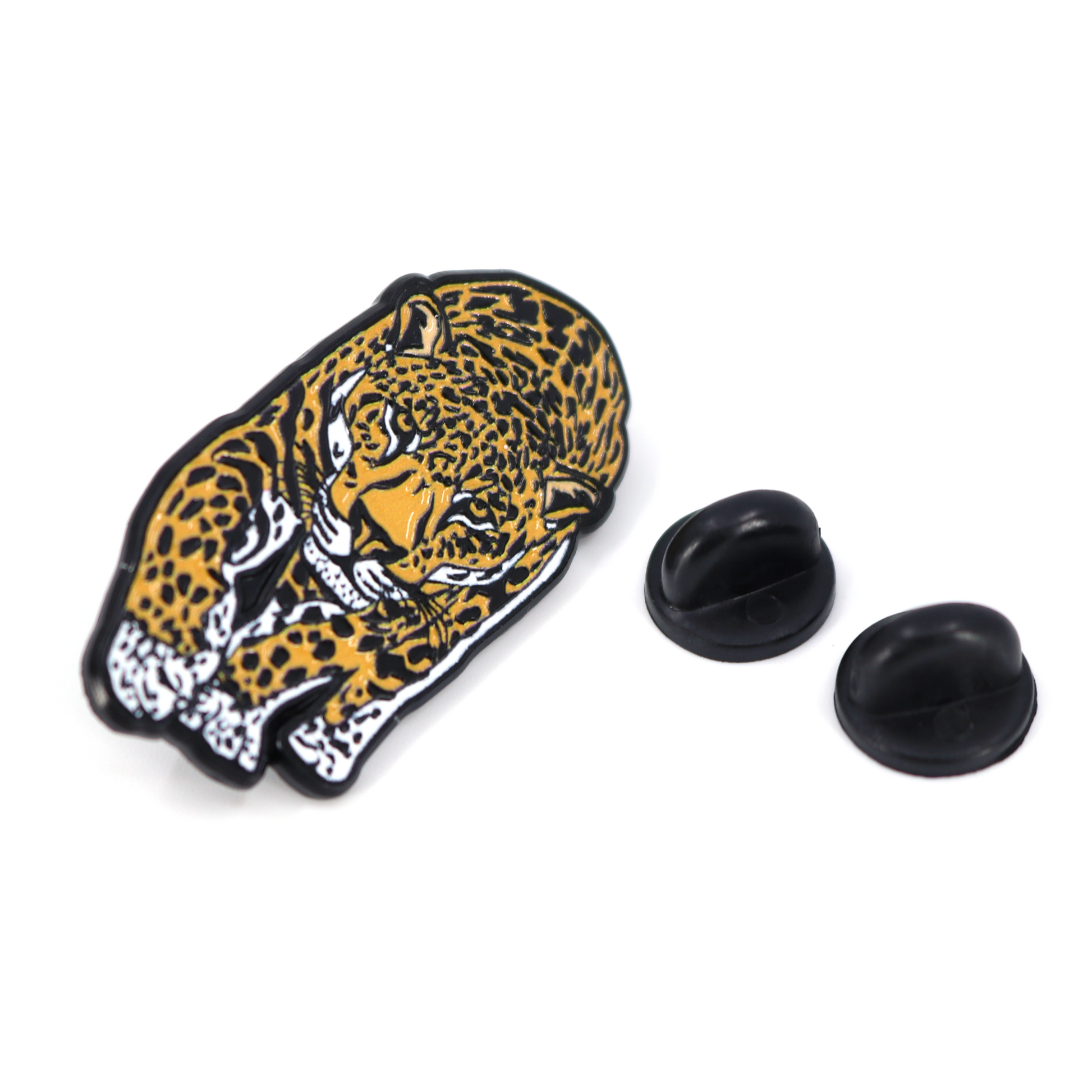 Jaguar enamel pin with black, yellow, and white spots, shown with two black rubber clutches.