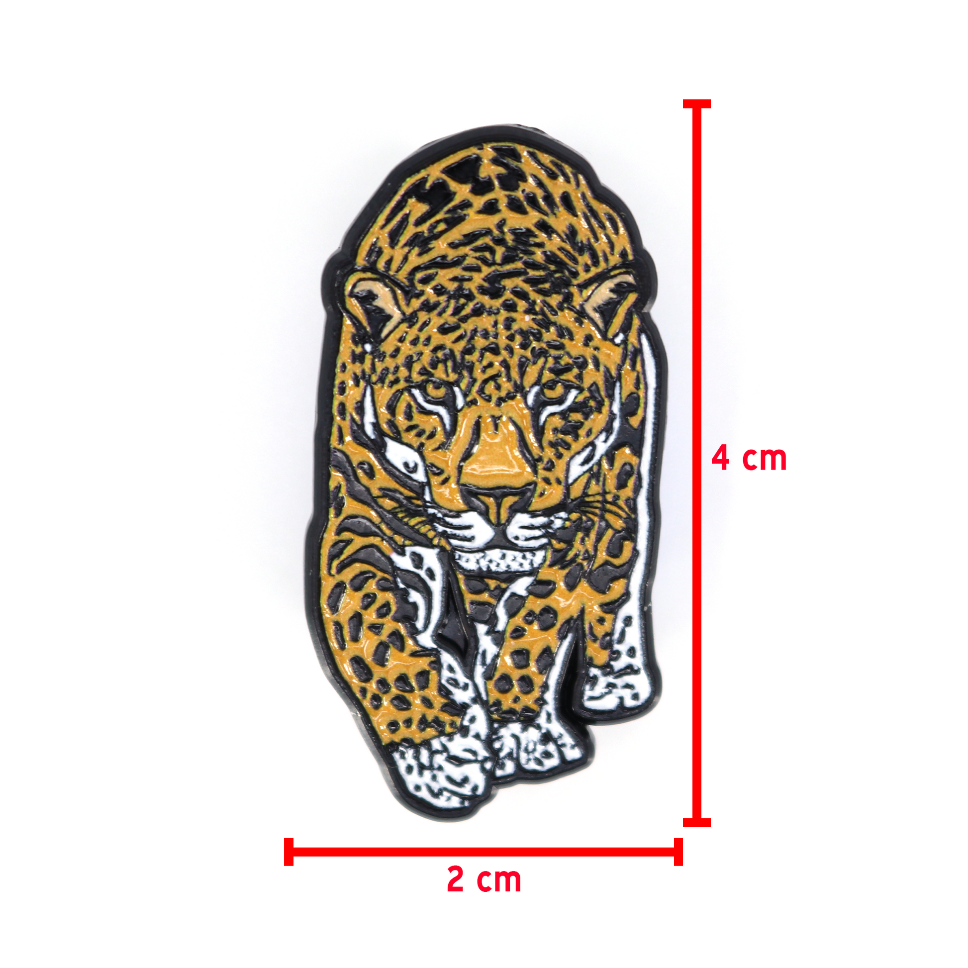 Gold and black jaguar enamel pin, 4 cm tall, 2 cm wide, with a rubber clutch.
