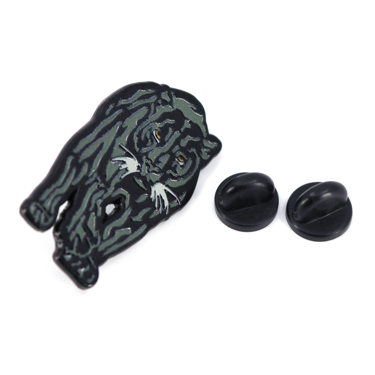 Black Panther enamel pin with green highlights, yellow eyes, and two rubber clutches.