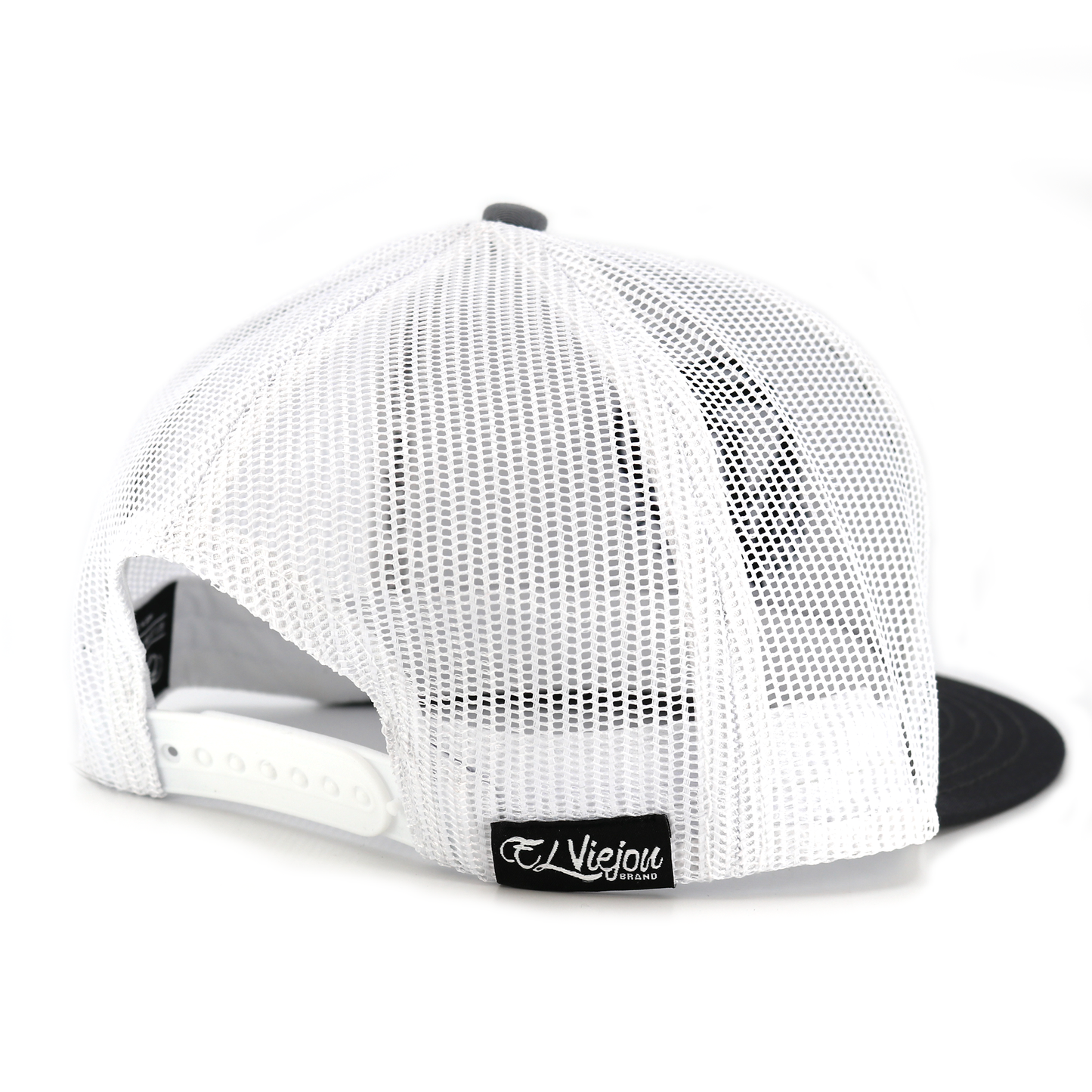 Poblador black/charcoal/white flat visor hat with white mesh back and adjustable snapback closure.