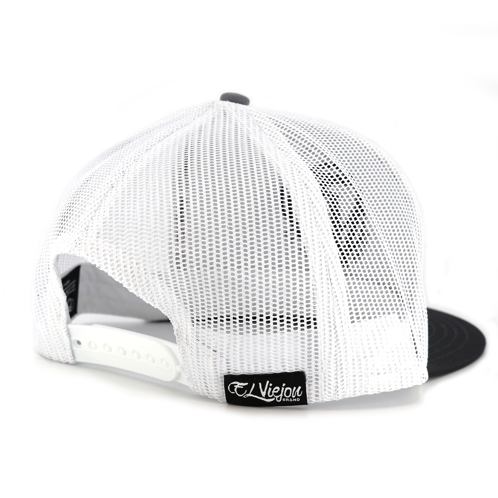 Poblador black/charcoal/white flat visor hat with white mesh back and adjustable snapback closure.