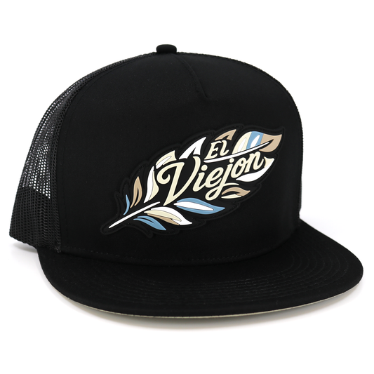 Poblador Black flat visor hat with "El Viejon" feather logo, black mesh, and adjustable snapback.