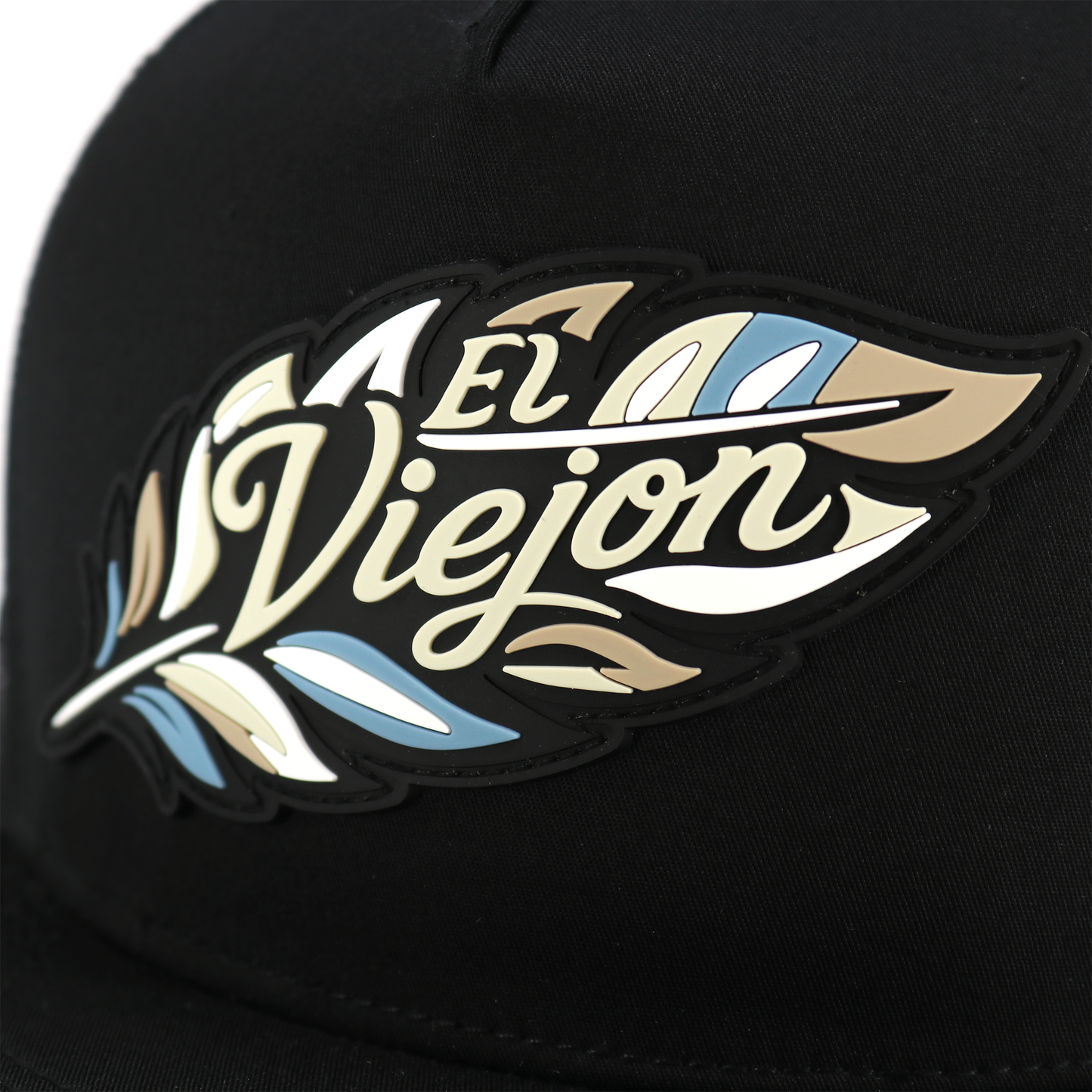 Poblador Black flat visor hat with "El Viejon" feather logo.