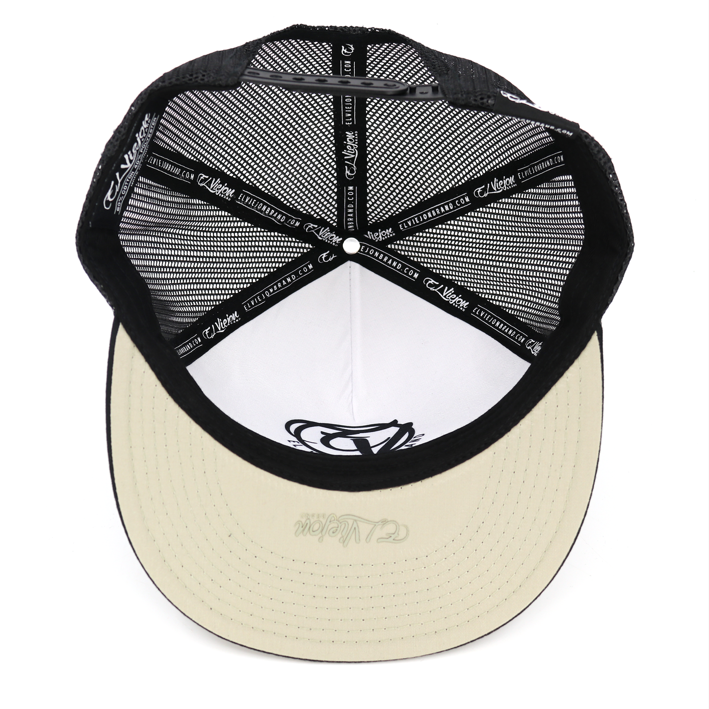 Poblador Black flat visor hat with black mesh, white front panel, and beige under visor.