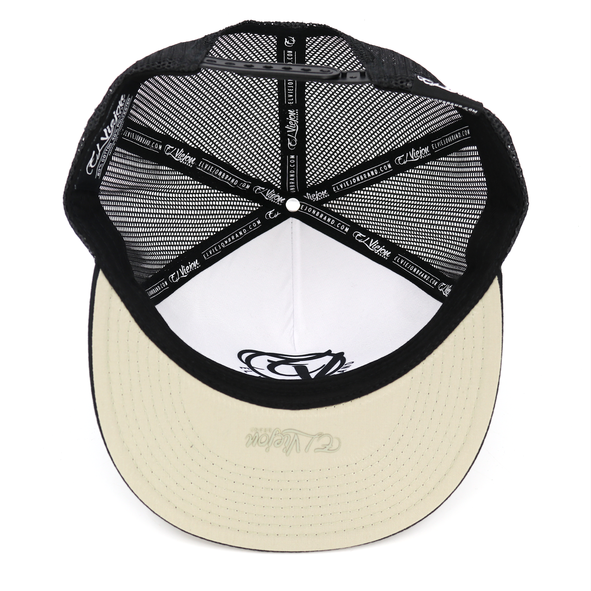 Poblador Black flat visor hat with black mesh, white front panel, and beige under visor.