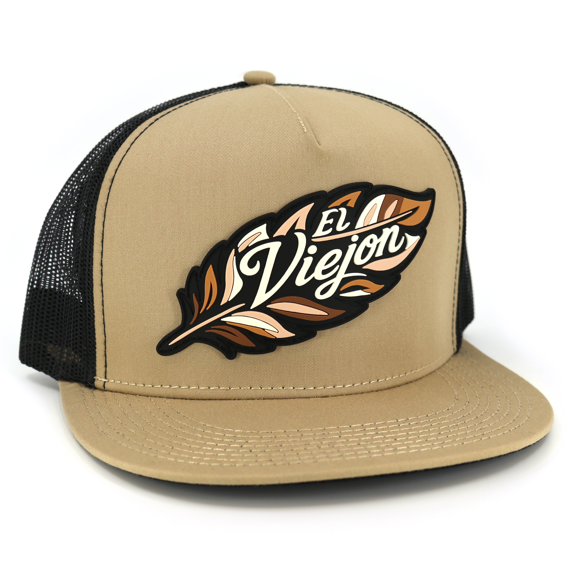 Poblador Khaki/Black flat visor hat with "El Viejon" feather logo, khaki front, and black mesh back.